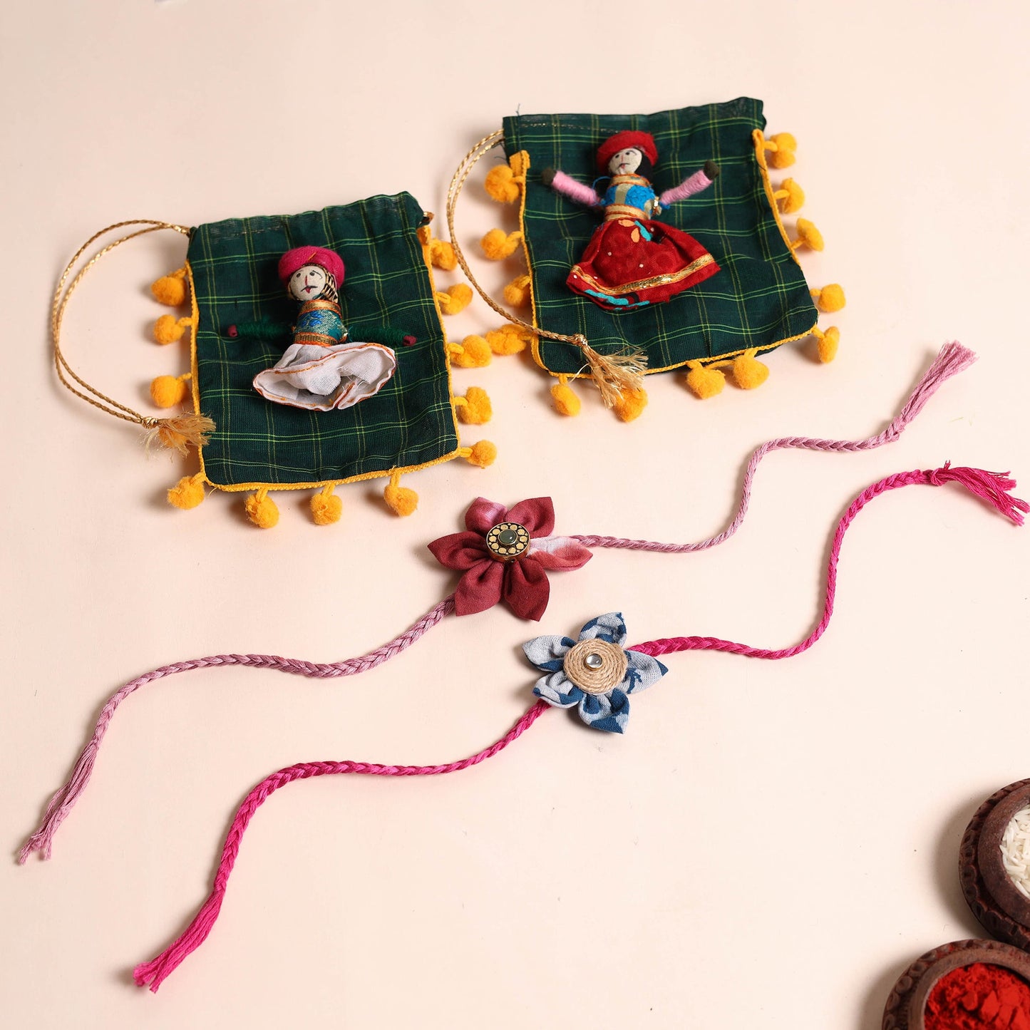 Handmade Fabric Flower Rakhi (Set of 2)