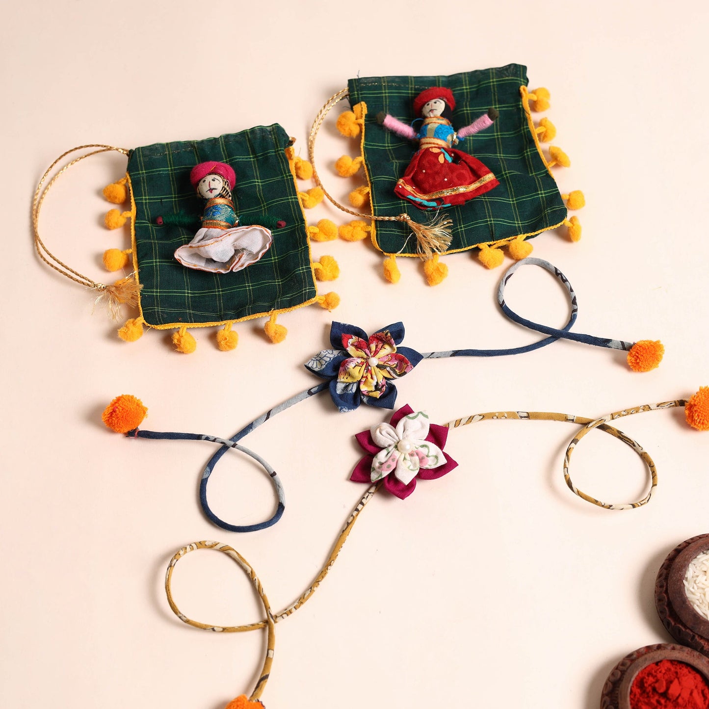 Handmade Fabric Flower Rakhi (Set of 2)