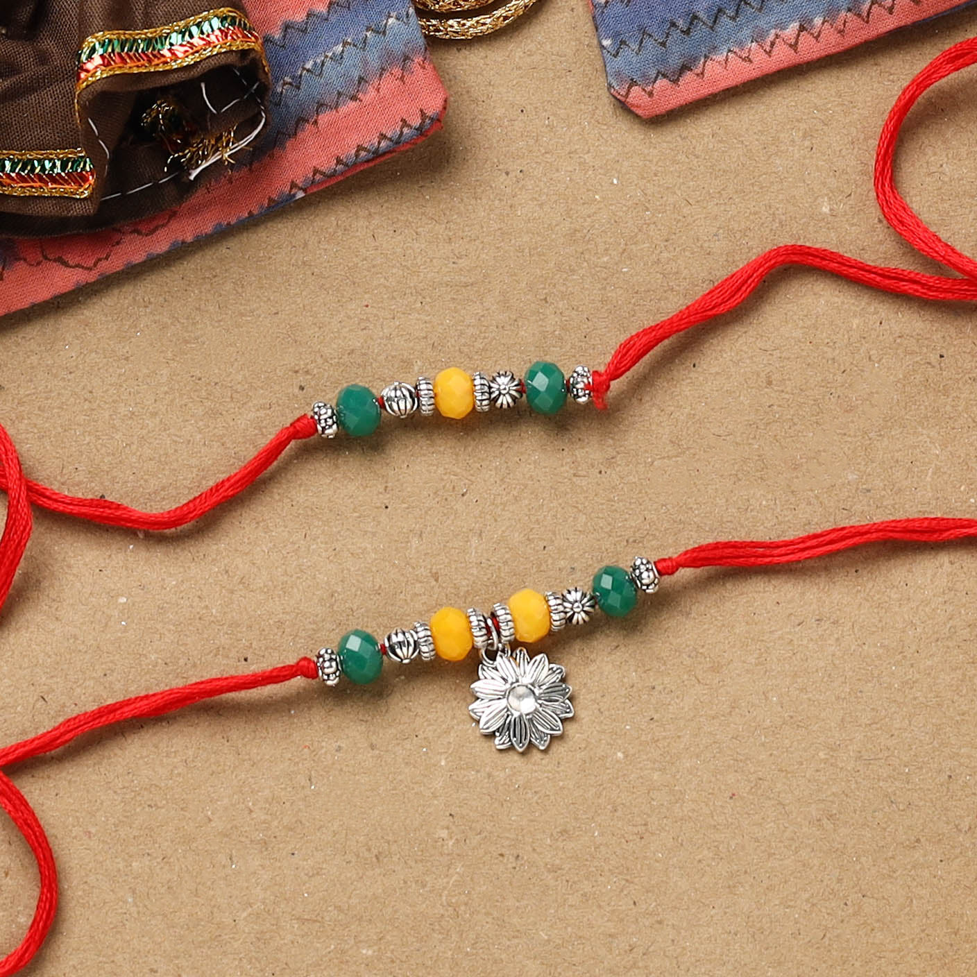 Handmade german silver beads rakhi & lumba set 195