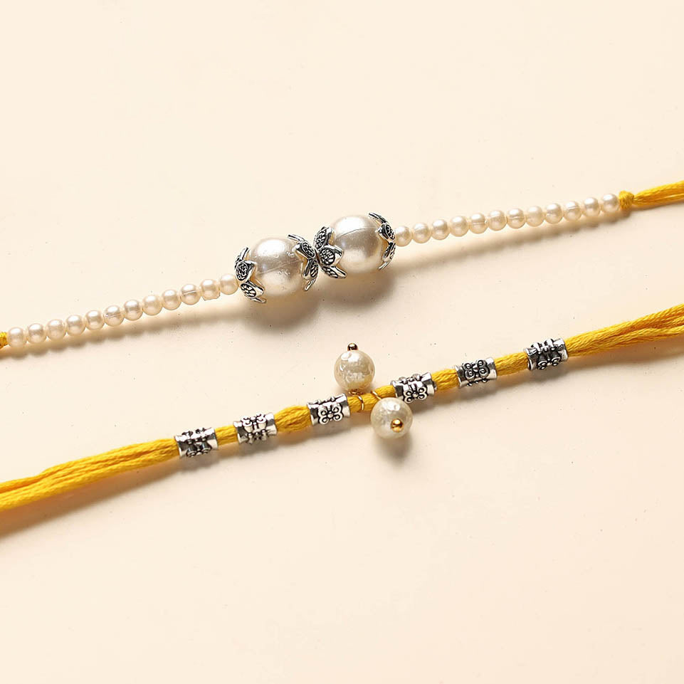Handmade German Silver Pearl Rakhi & Lumba Set