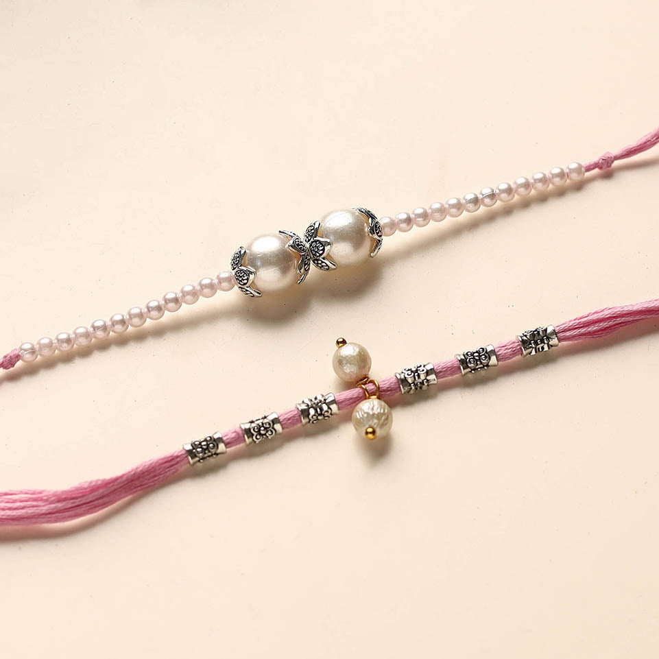 Handmade German Silver Pearl Rakhi & Lumba Set