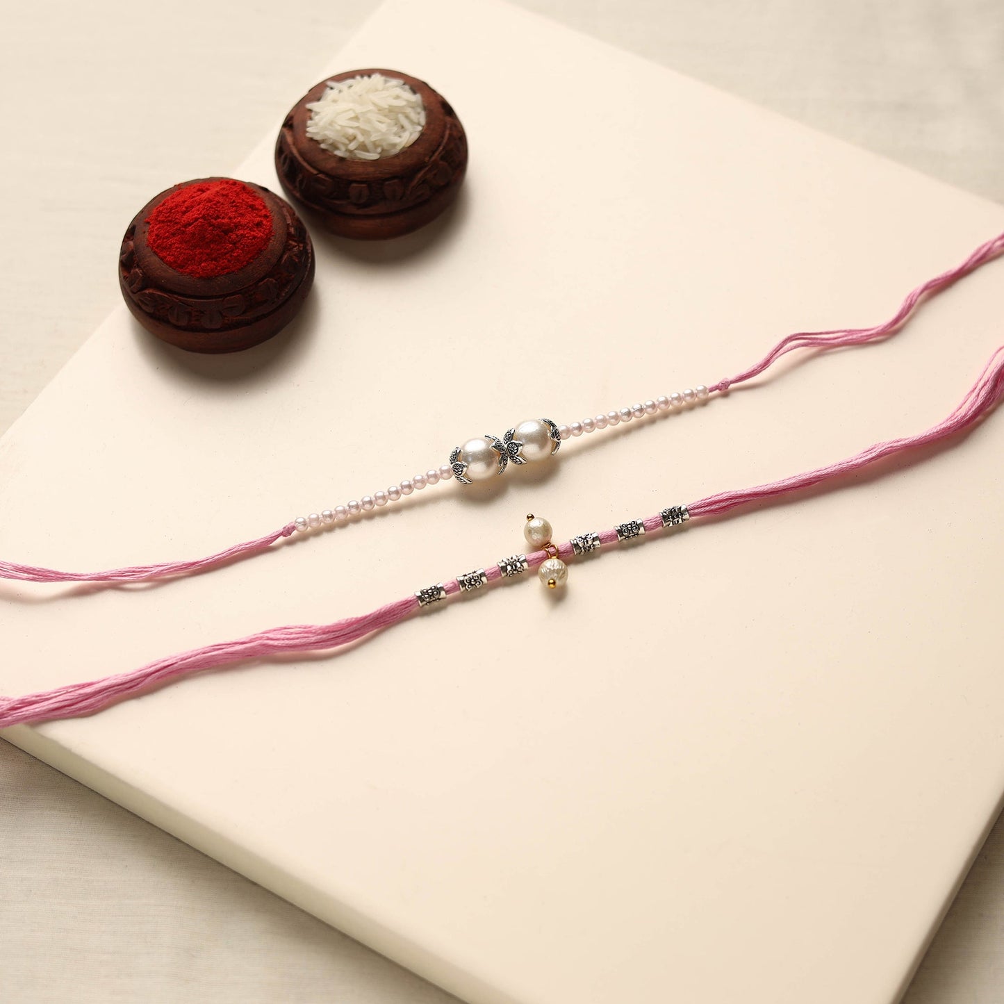 Handmade German Silver Pearl Rakhi & Lumba Set