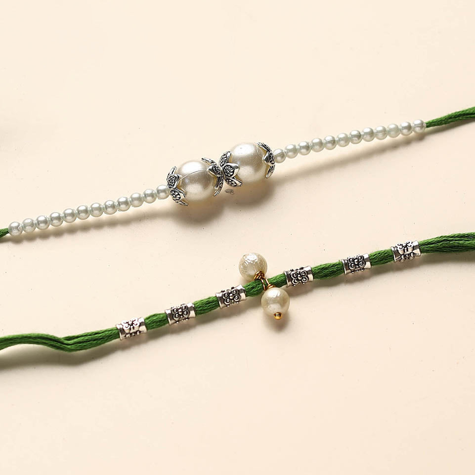 Handmade German Silver Pearl Rakhi & Lumba Set
