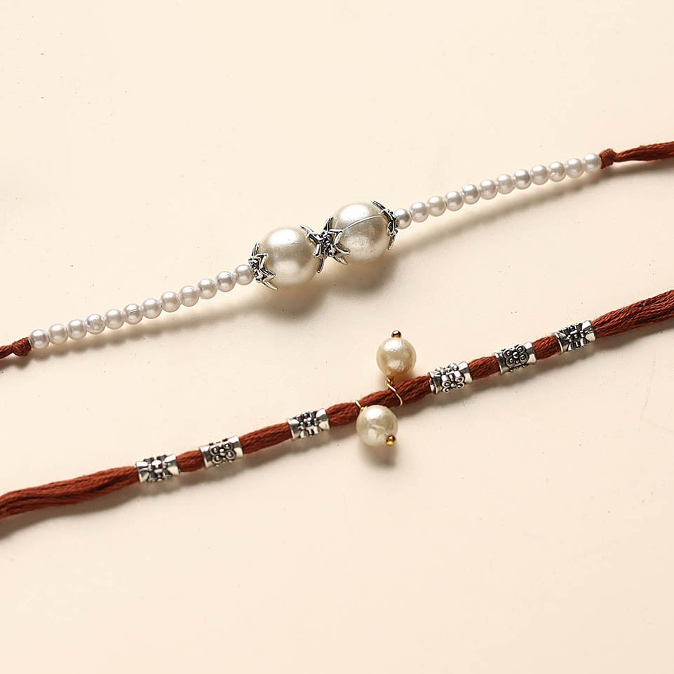 Handmade German Silver Pearl Rakhi & Lumba Set
