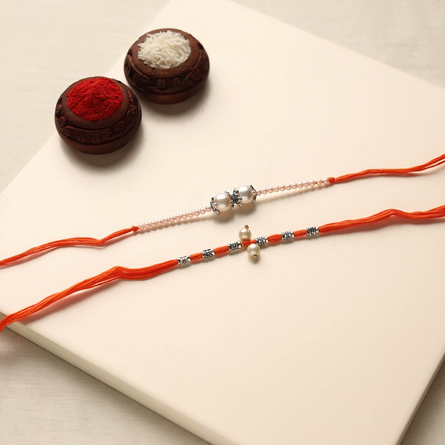 Handmade German Silver Pearl Rakhi & Lumba Set