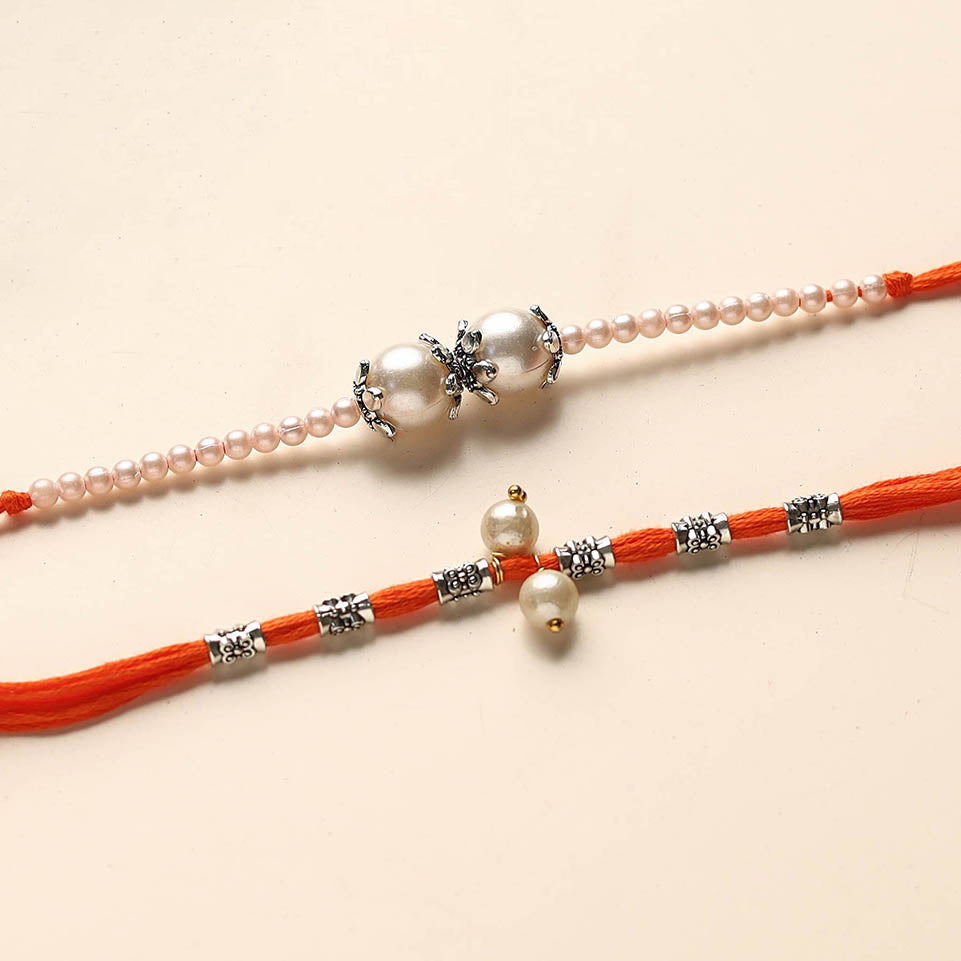 Handmade German Silver Pearl Rakhi & Lumba Set