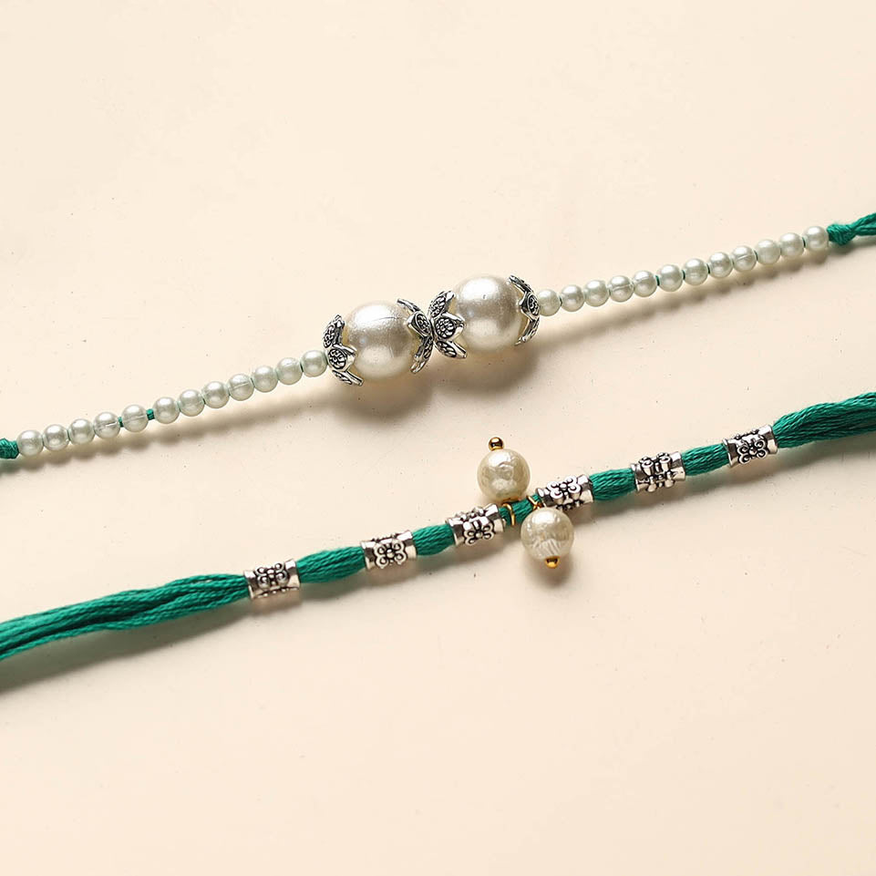 Handmade German Silver Pearl Rakhi & Lumba Set