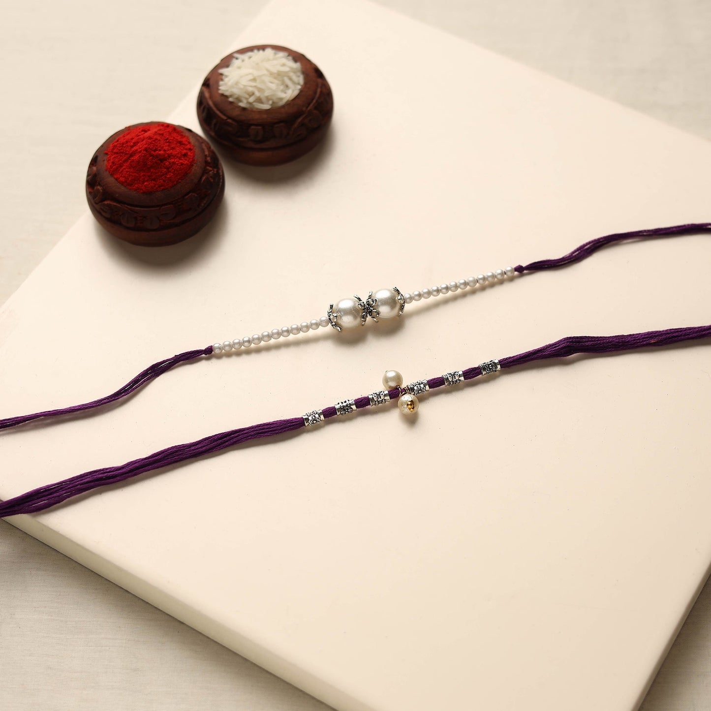 Handmade German Silver Pearl Rakhi & Lumba Set