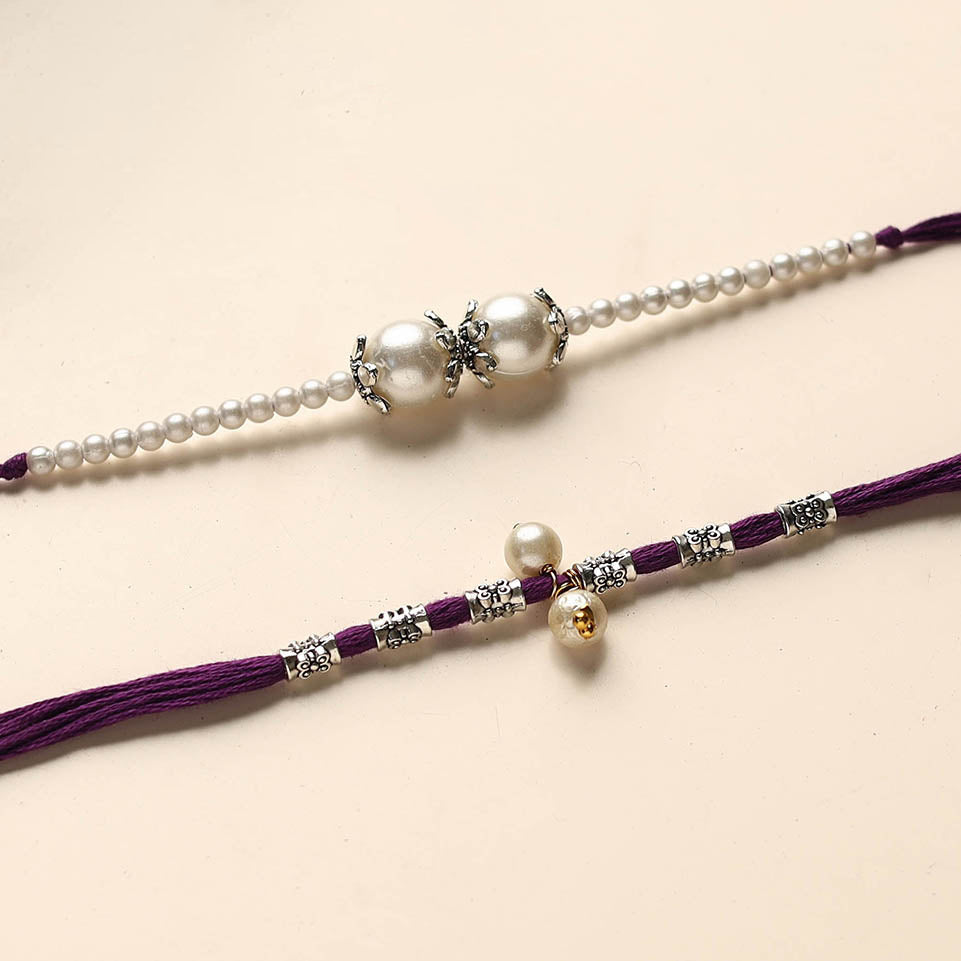 Handmade German Silver Pearl Rakhi & Lumba Set