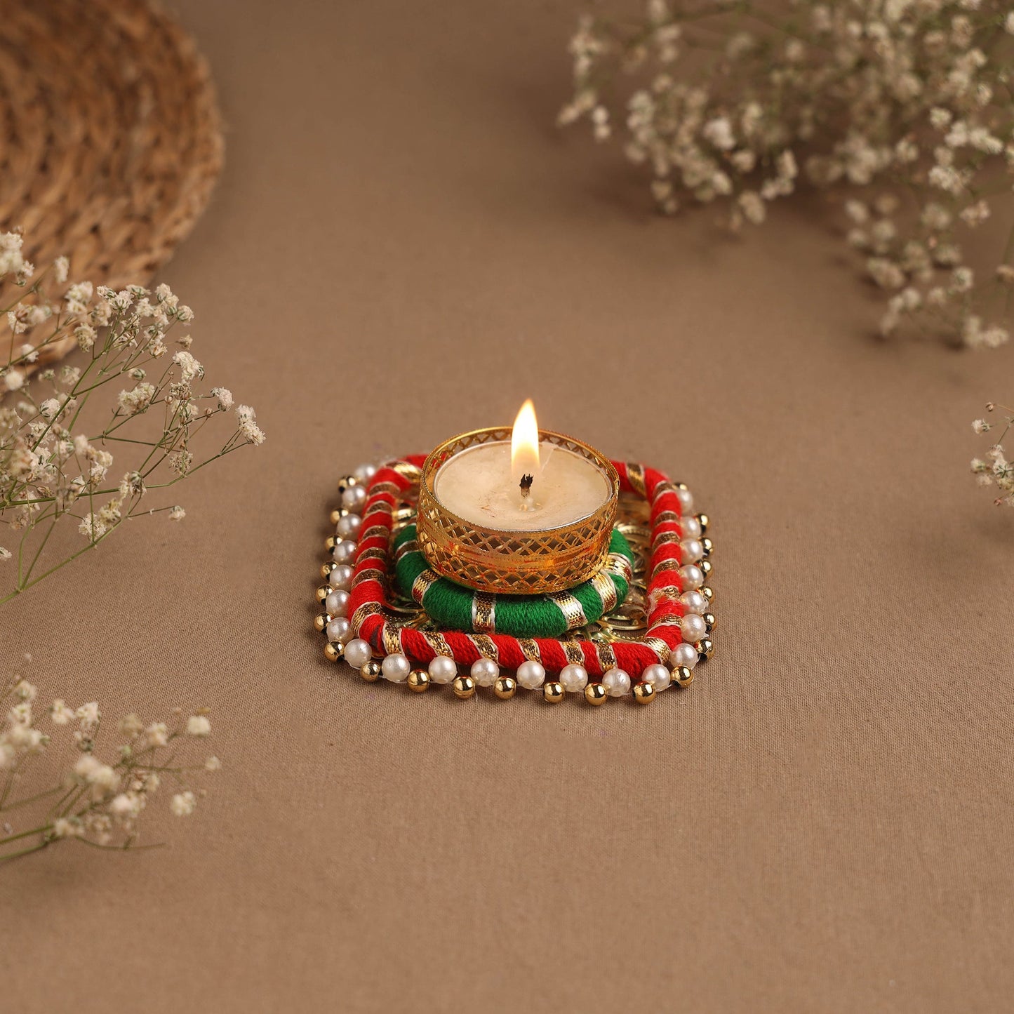 Handmade gota & bead work square tealight candle holder 20