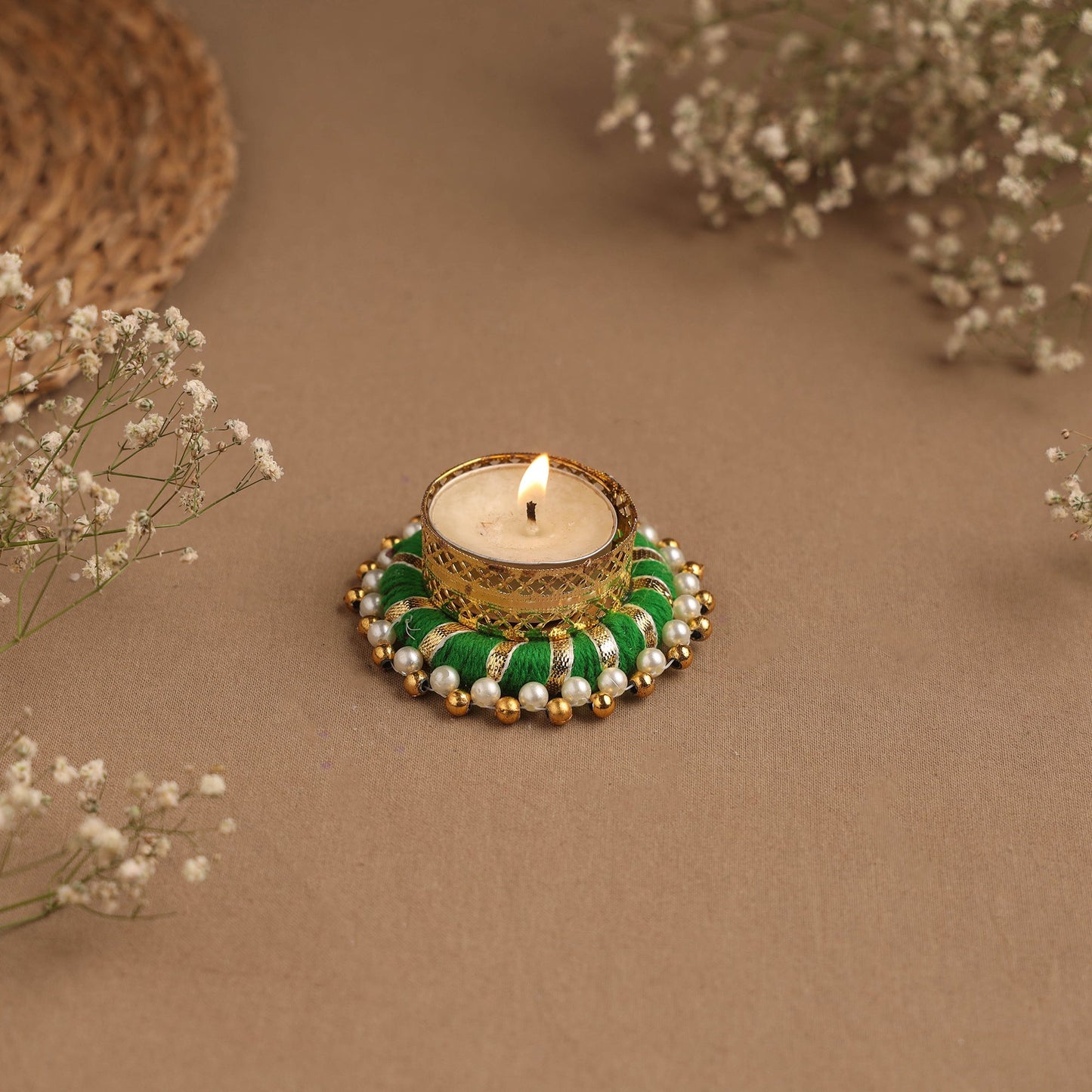 Handmade gota & bead work tealight candle holder 17
