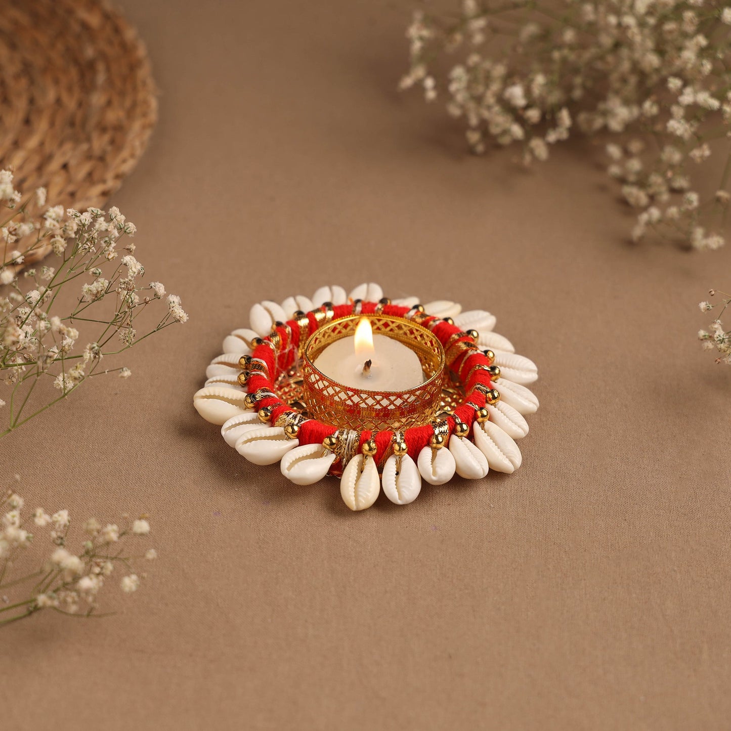 Handmade gota & shell work tealight candle holder 18