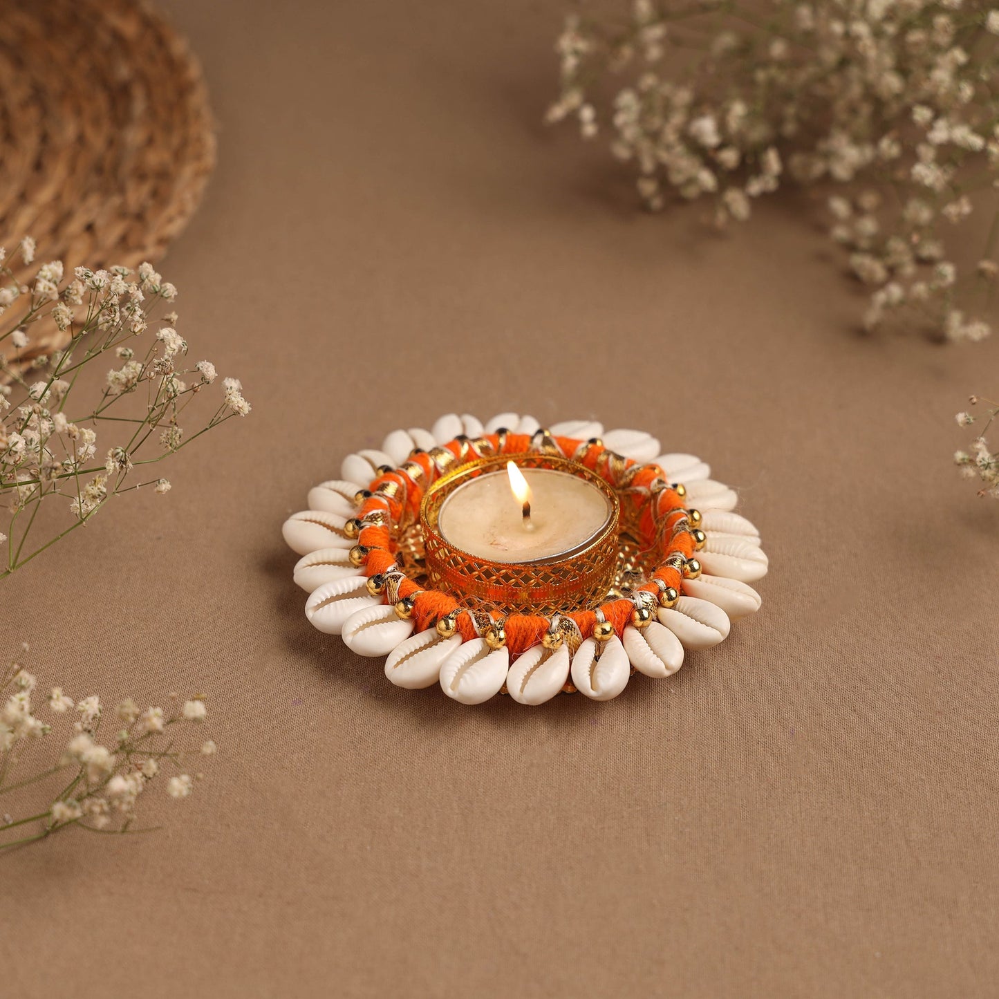Handmade gota & shell work tealight candle holder 19