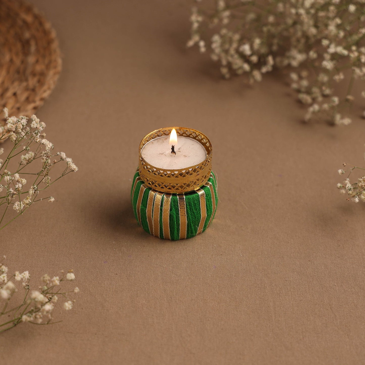 Handmade gota work damru tealight candle holder 07