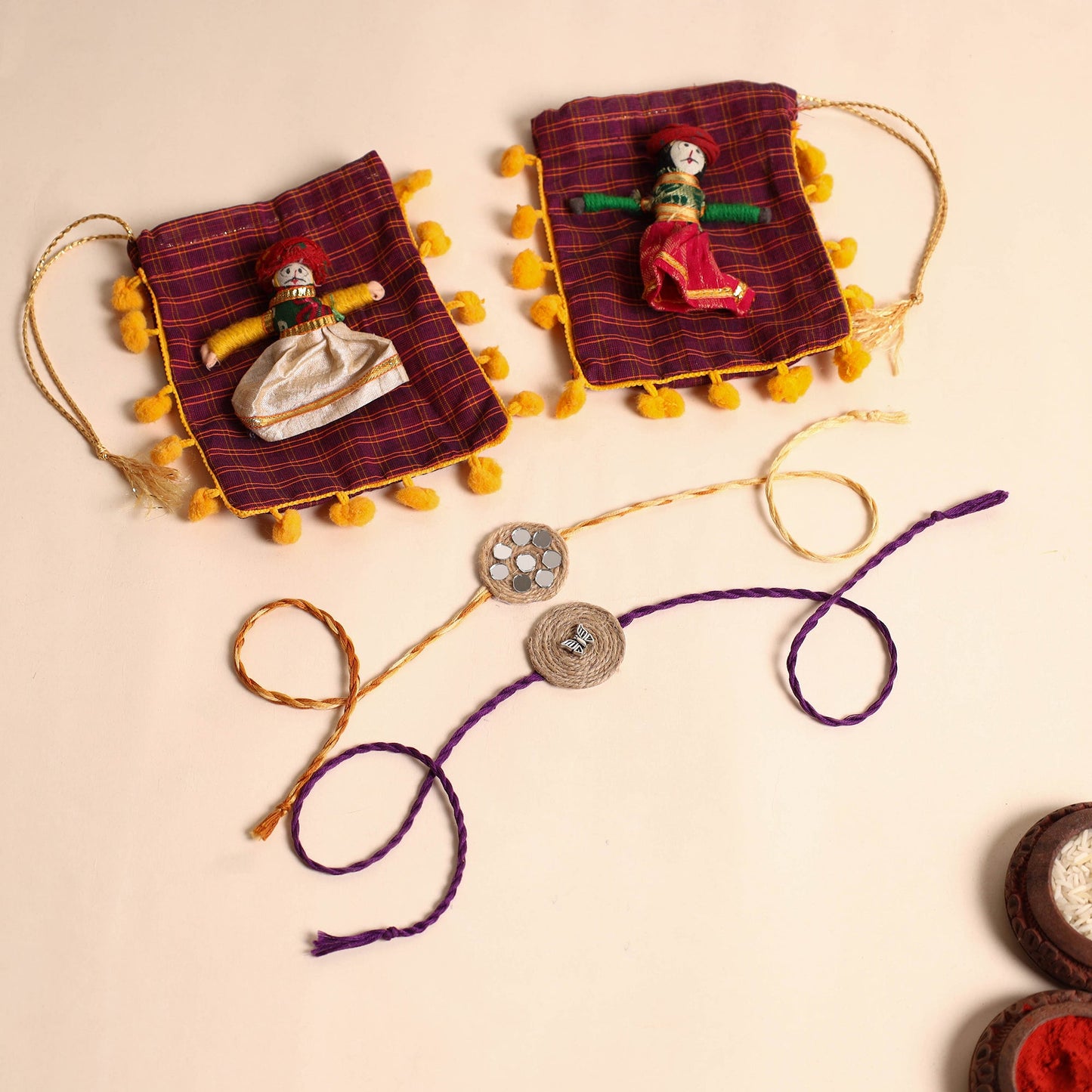 Handmade GS & Mirror Work Jute Rakhi (Set of 2)