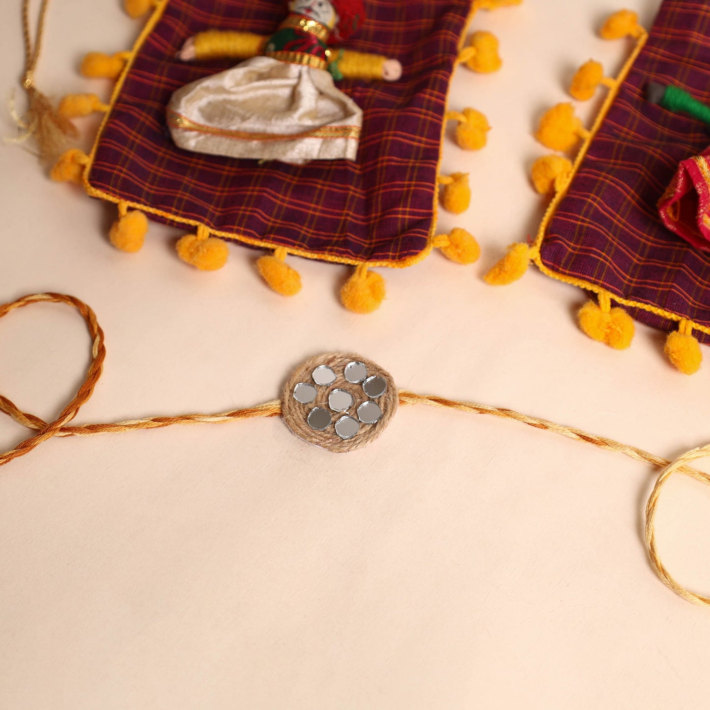 Handmade GS & Mirror Work Jute Rakhi (Set of 2)