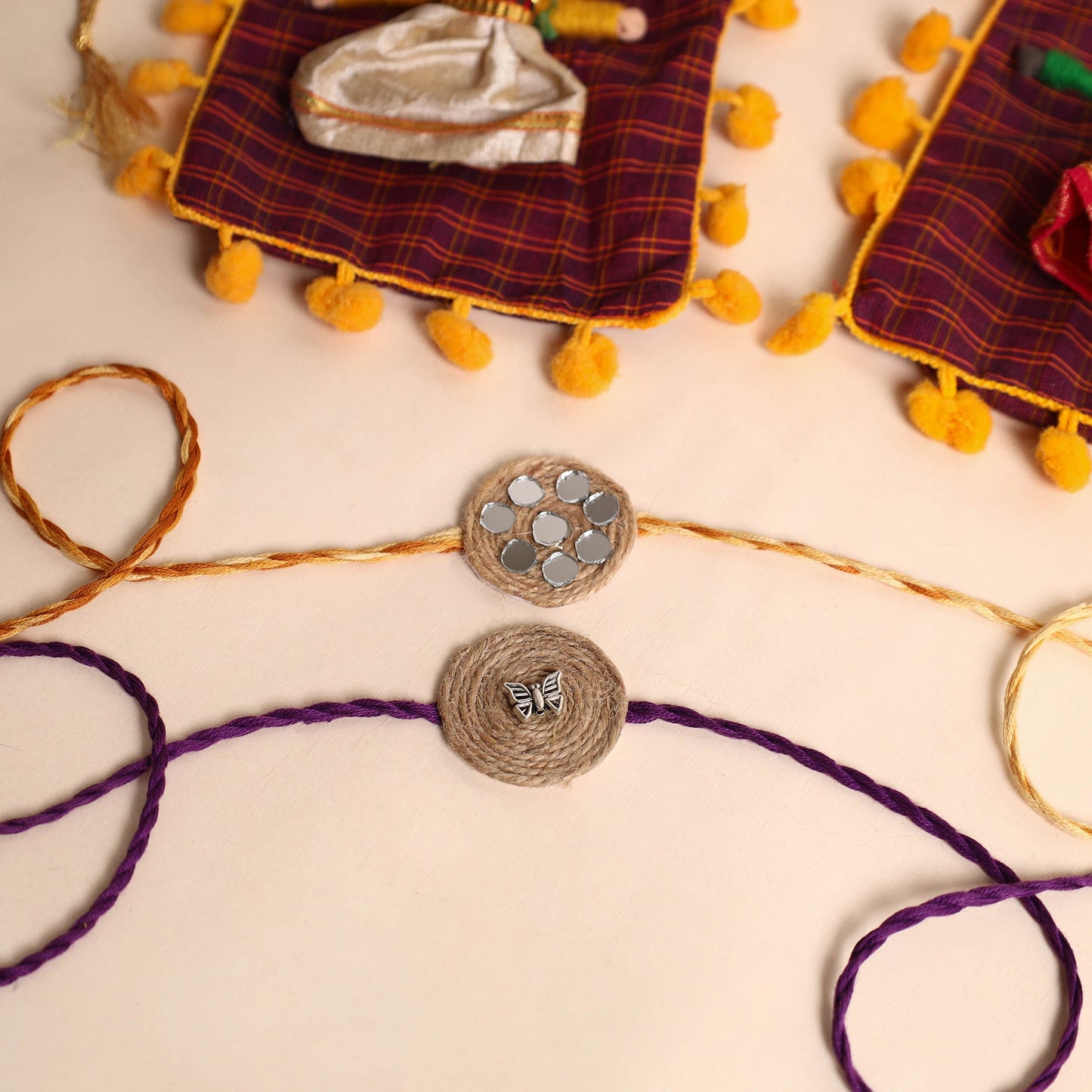 Handmade GS & Mirror Work Jute Rakhi (Set of 2)