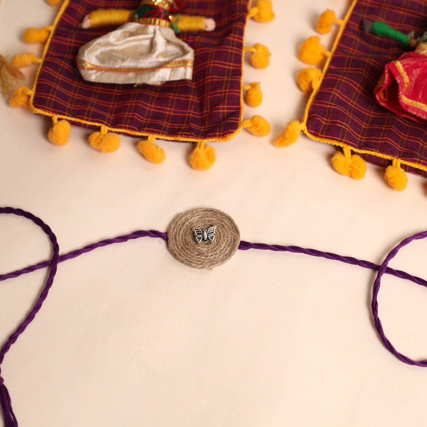 Handmade GS & Mirror Work Jute Rakhi (Set of 2)
