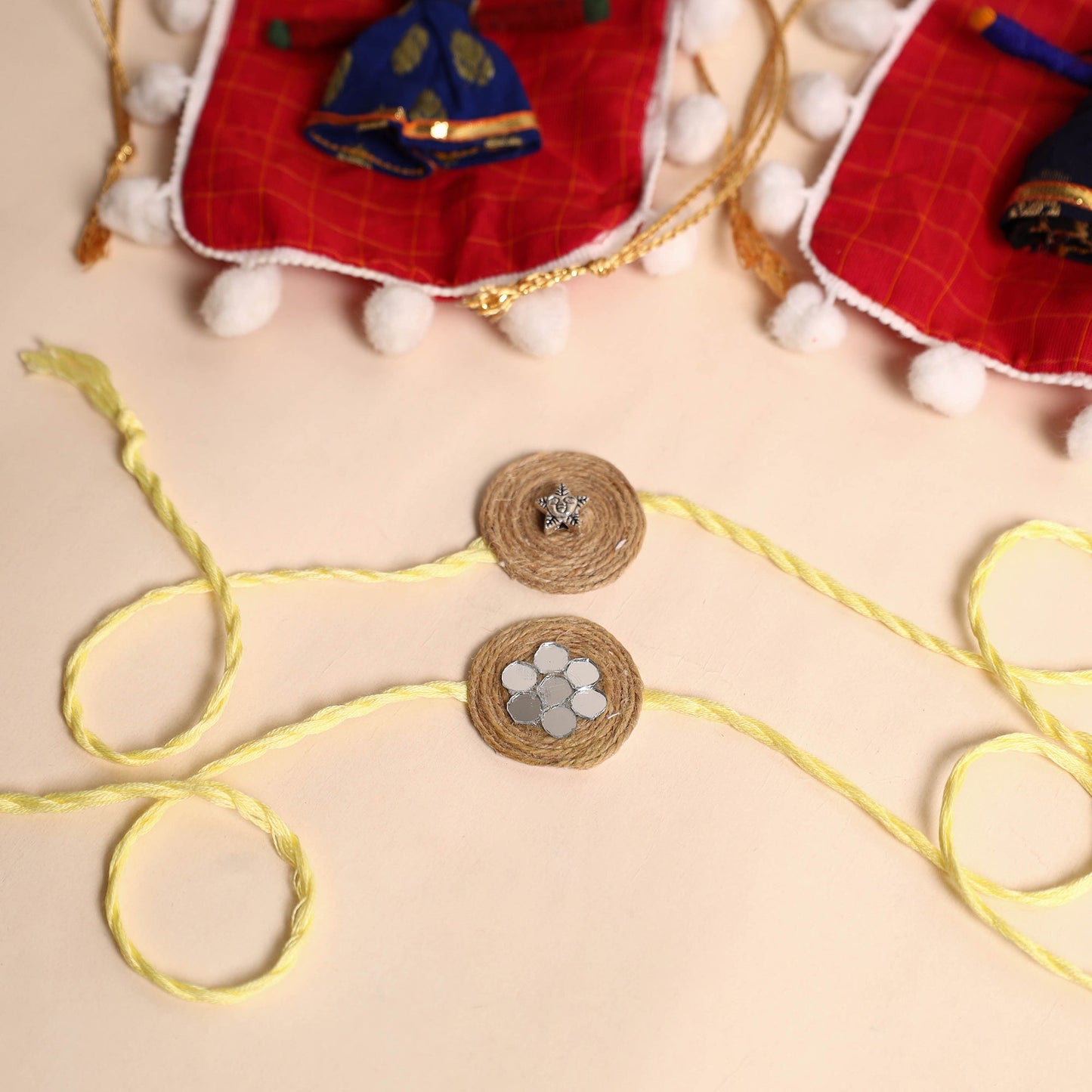 Handmade GS & Mirror Work Jute Rakhi (Set of 2)
