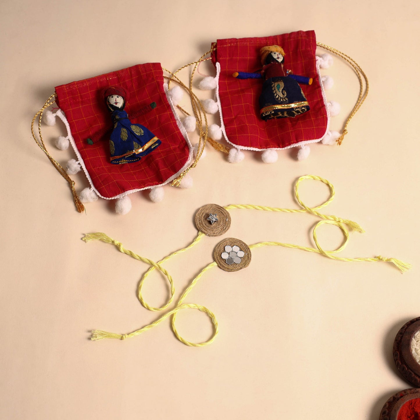 Handmade GS & Mirror Work Jute Rakhi (Set of 2)