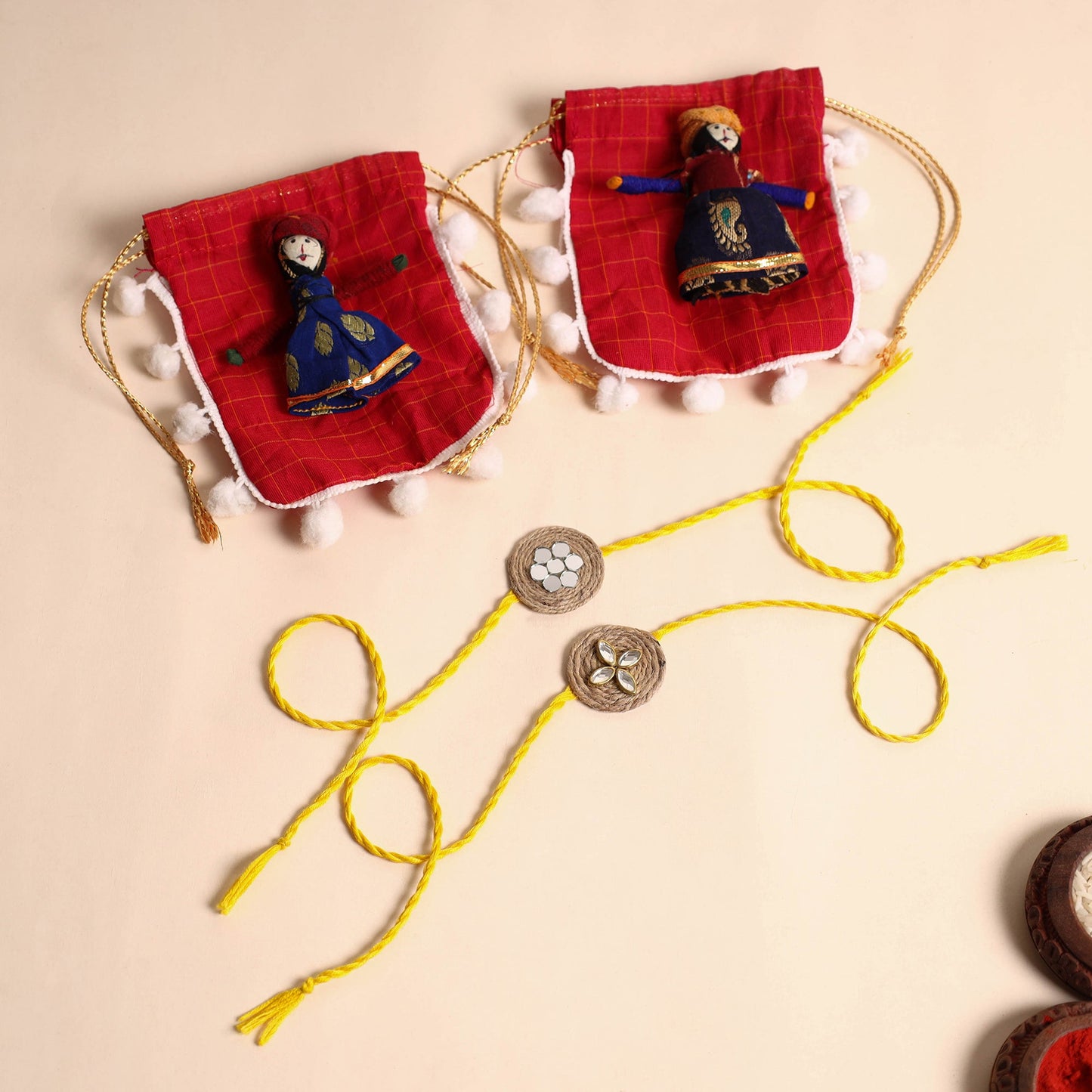 Handmade GS & Mirror Work Jute Rakhi (Set of 2)