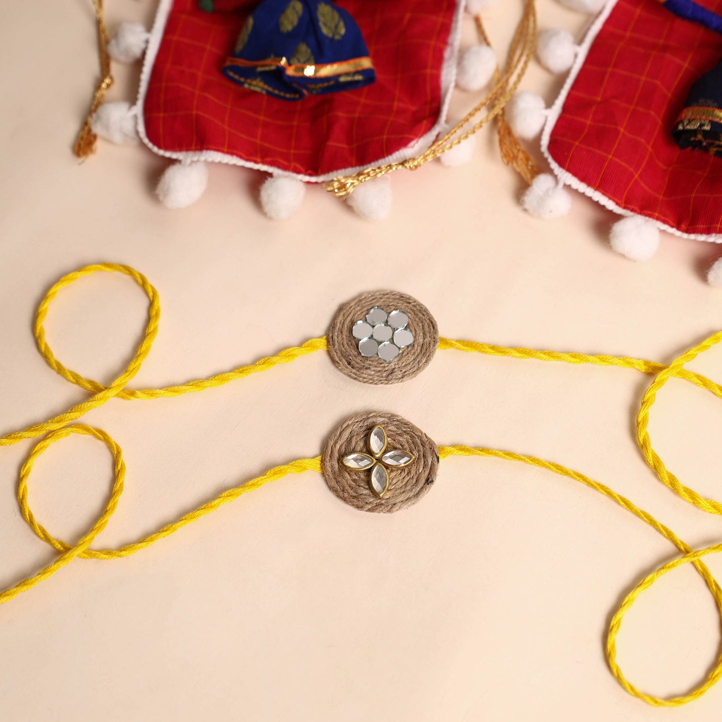 Handmade GS & Mirror Work Jute Rakhi (Set of 2)