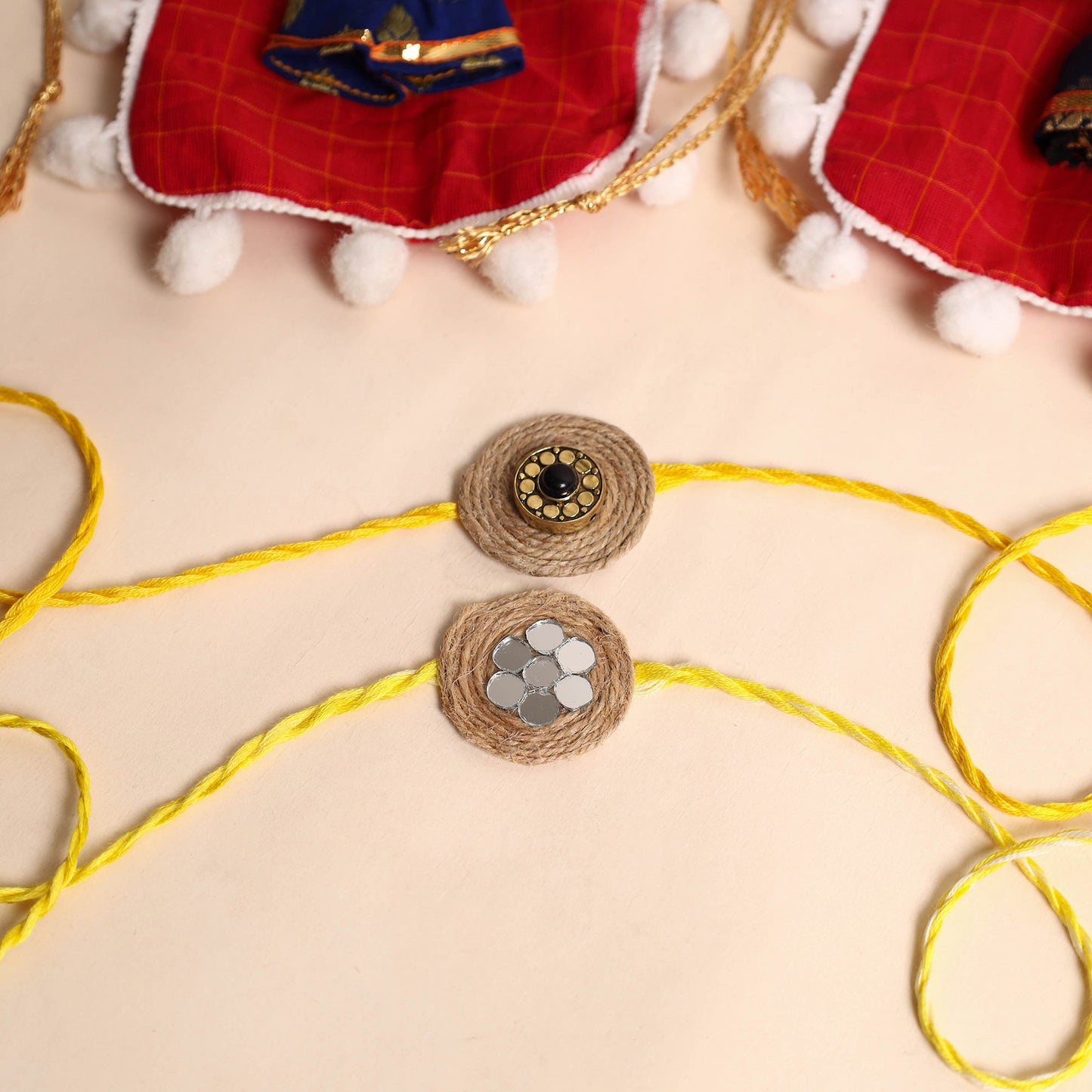 Handmade GS & Mirror Work Jute Rakhi (Set of 2)