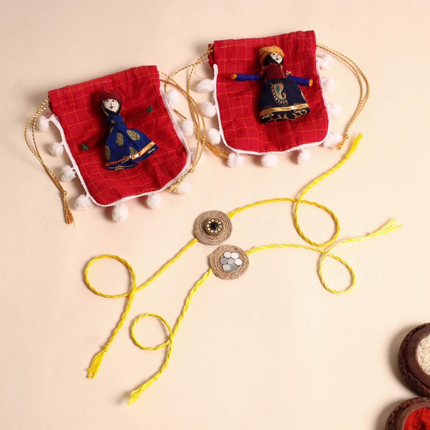 Handmade GS & Mirror Work Jute Rakhi (Set of 2)