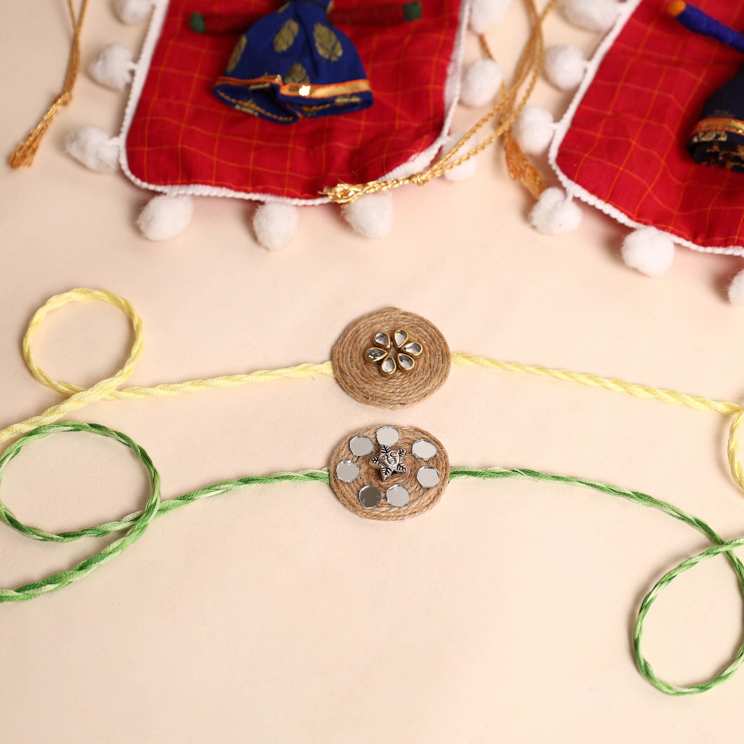 Handmade GS & Mirror Work Jute Rakhi (Set of 2)