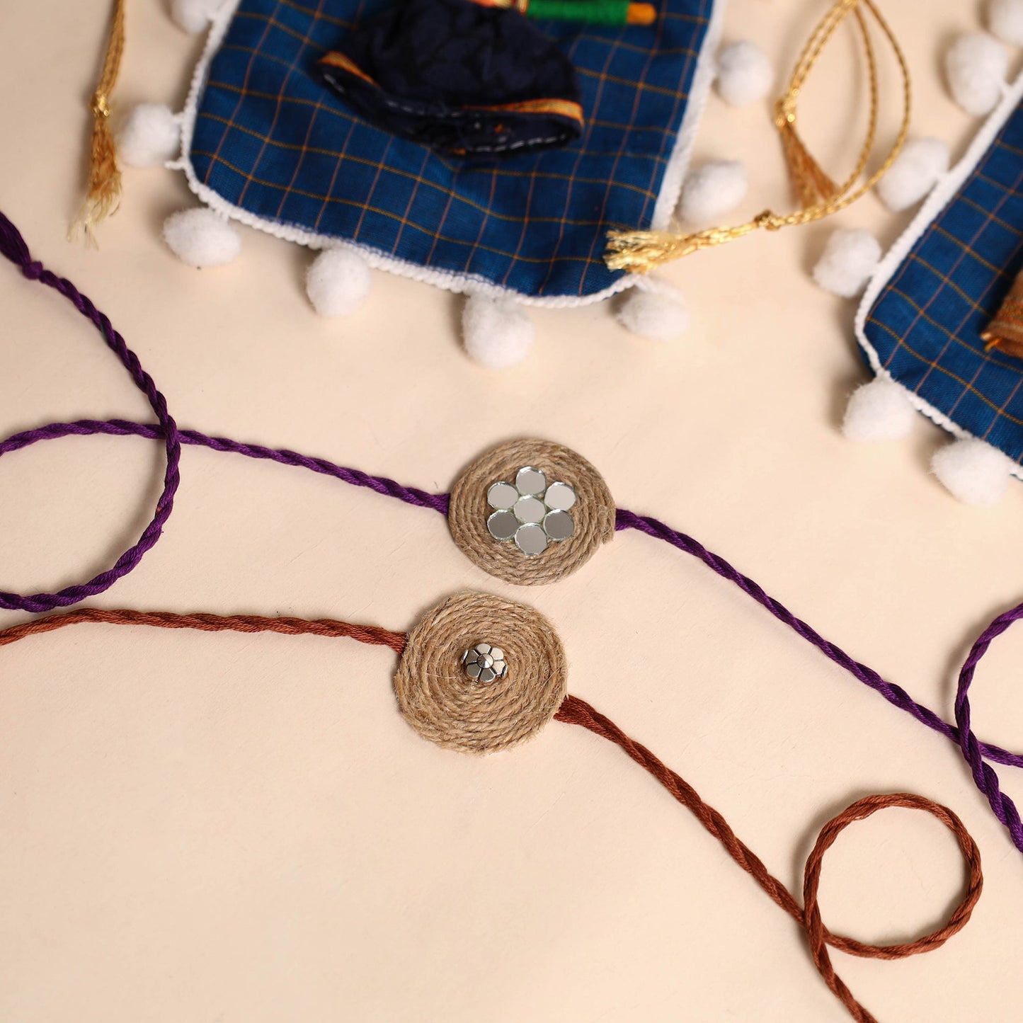 Handmade GS & Mirror Work Jute Rakhi (Set of 2)