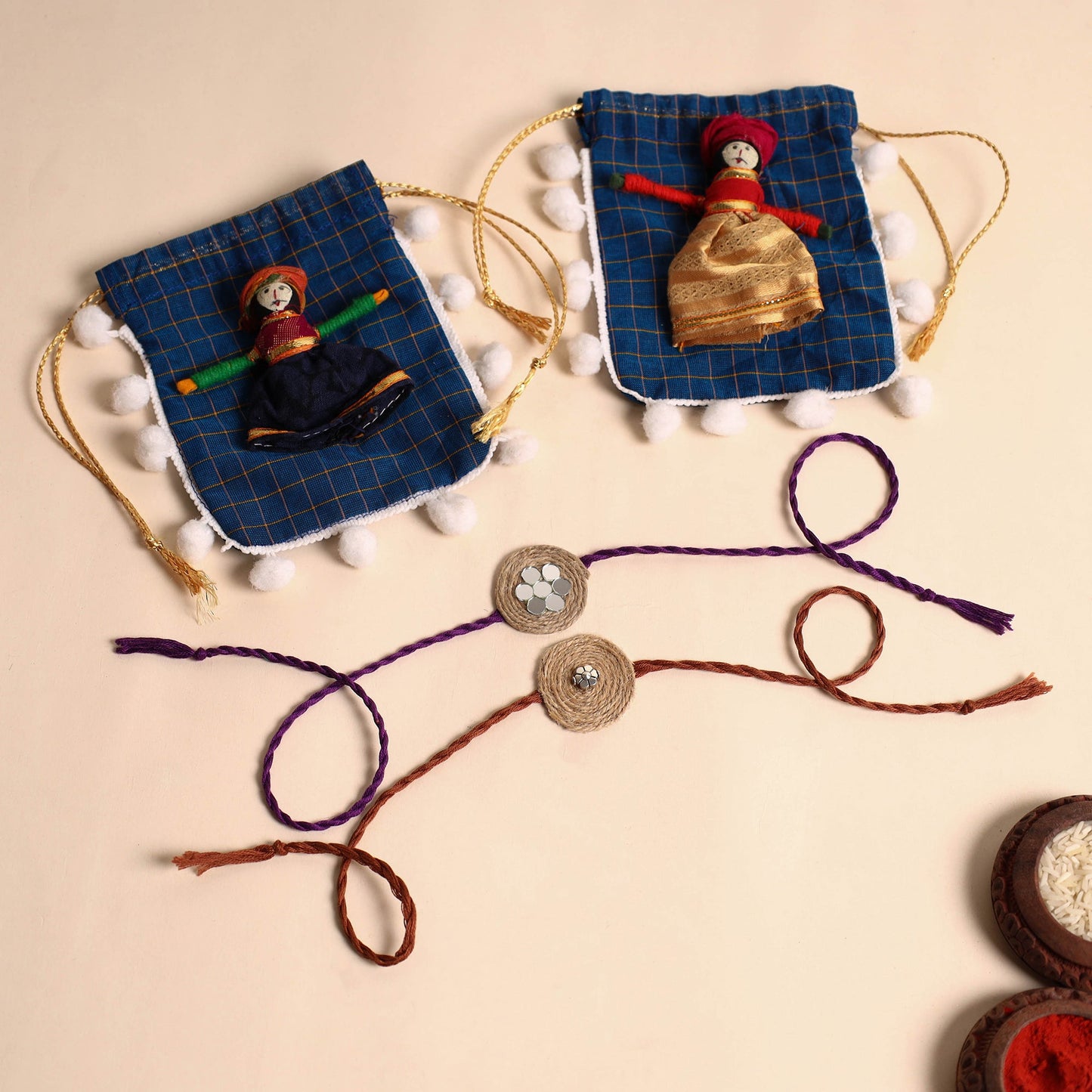 Handmade GS & Mirror Work Jute Rakhi (Set of 2)