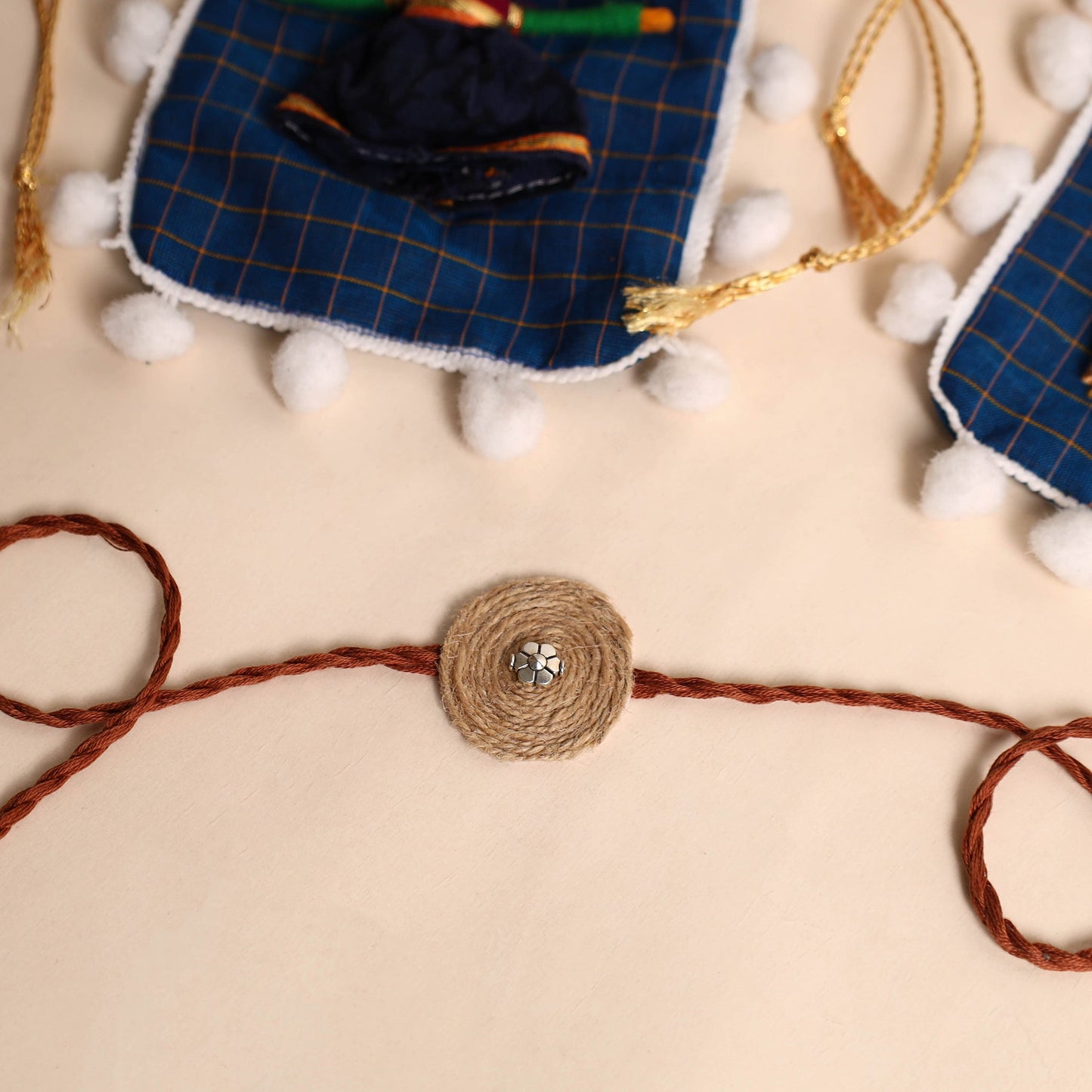 Handmade GS & Mirror Work Jute Rakhi (Set of 2)