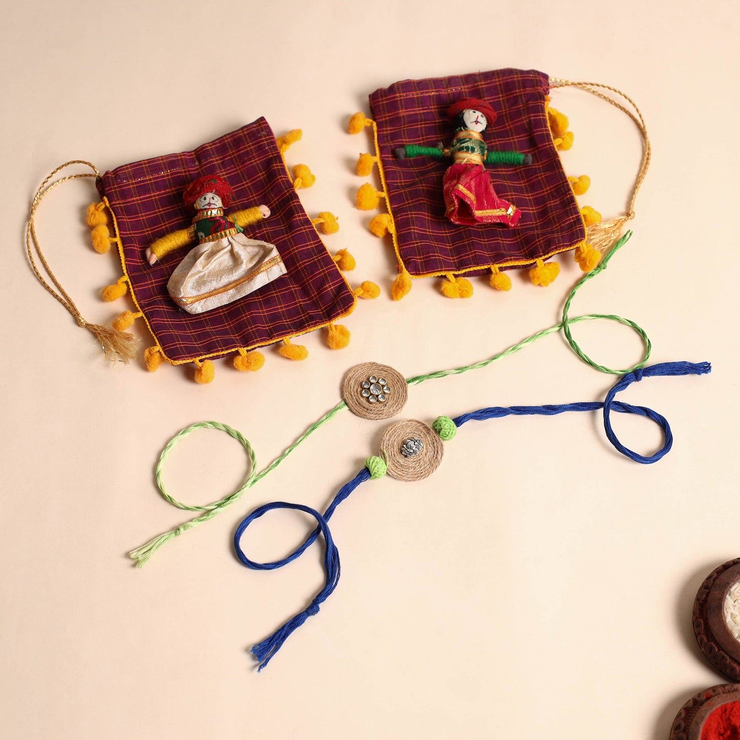 Handmade GS & Stone Work Jute Rakhi (Set of 2)