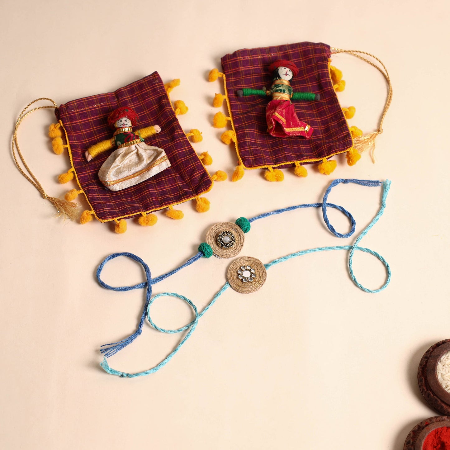 Handmade GS & Stone Work Jute Rakhi (Set of 2)