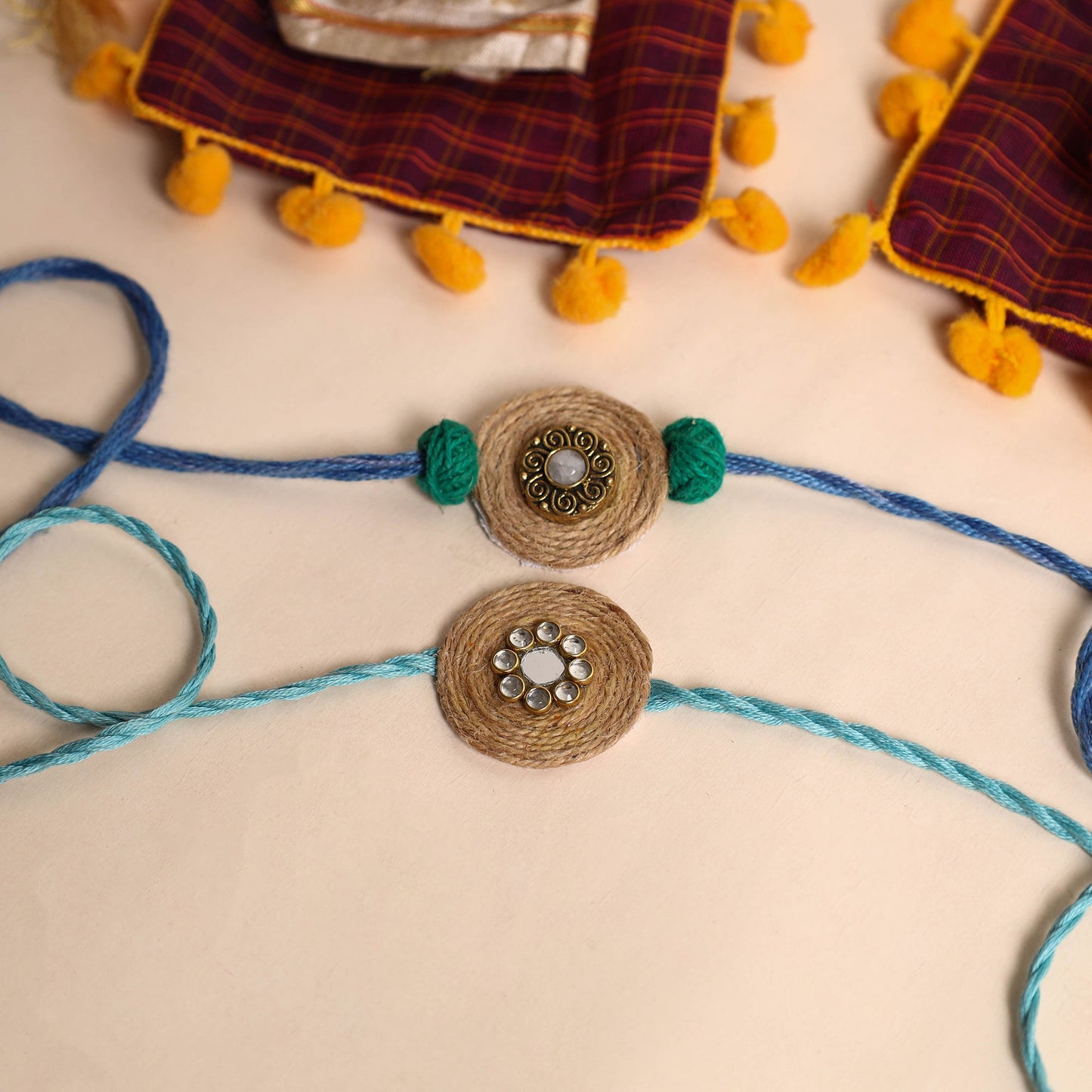Handmade GS & Stone Work Jute Rakhi (Set of 2)