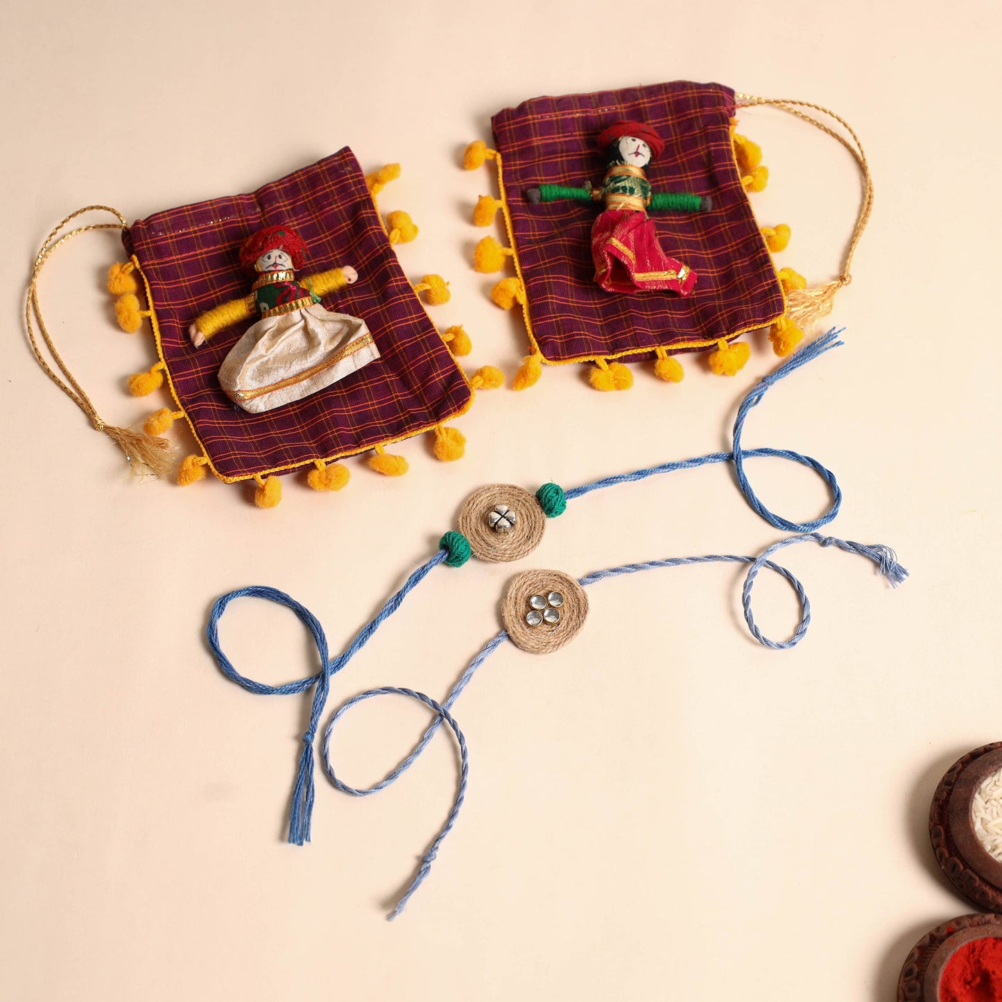 Handmade GS & Stone Work Jute Rakhi (Set of 2)