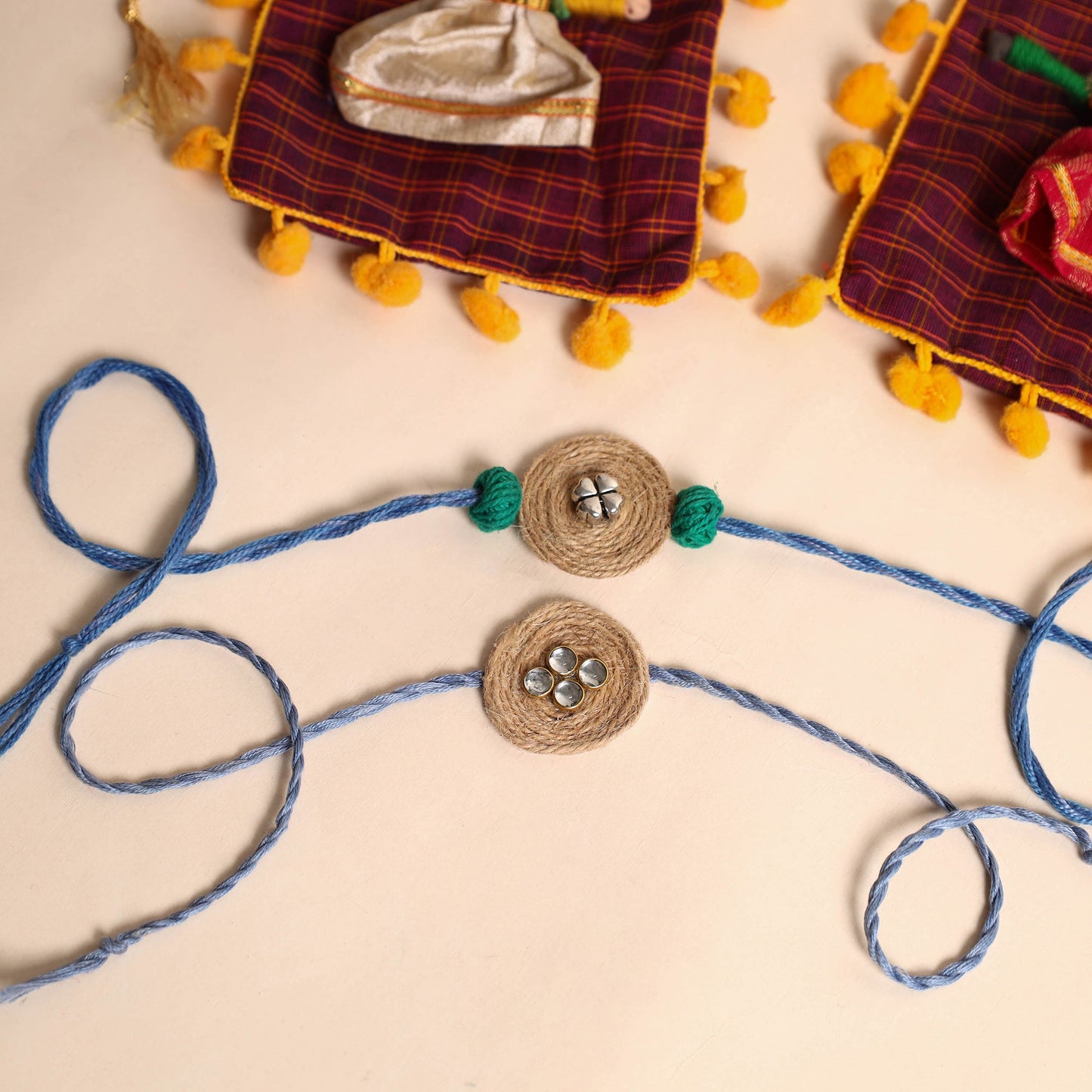 Handmade GS & Stone Work Jute Rakhi (Set of 2)