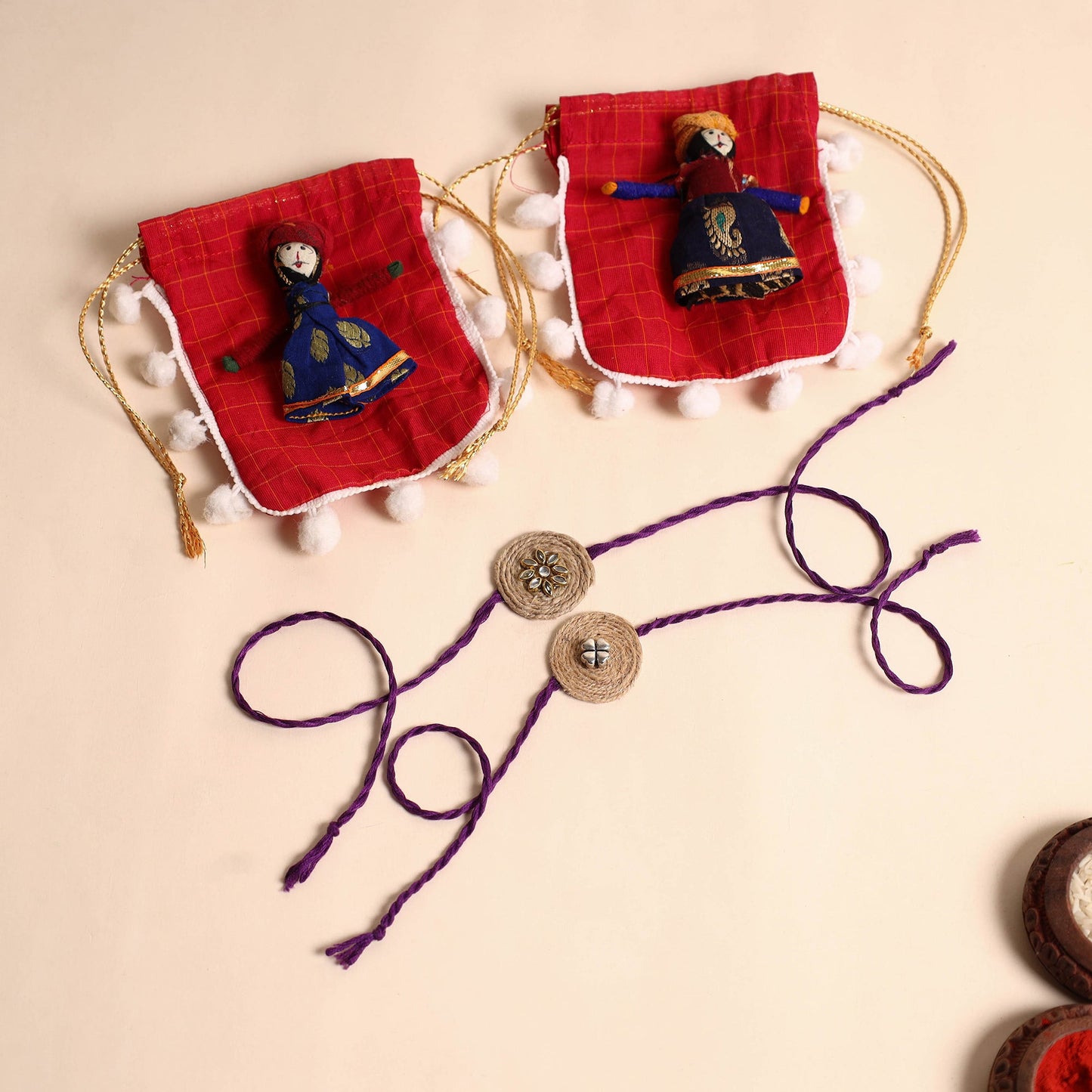 Handmade GS & Stone Work Jute Rakhi (Set of 2)
