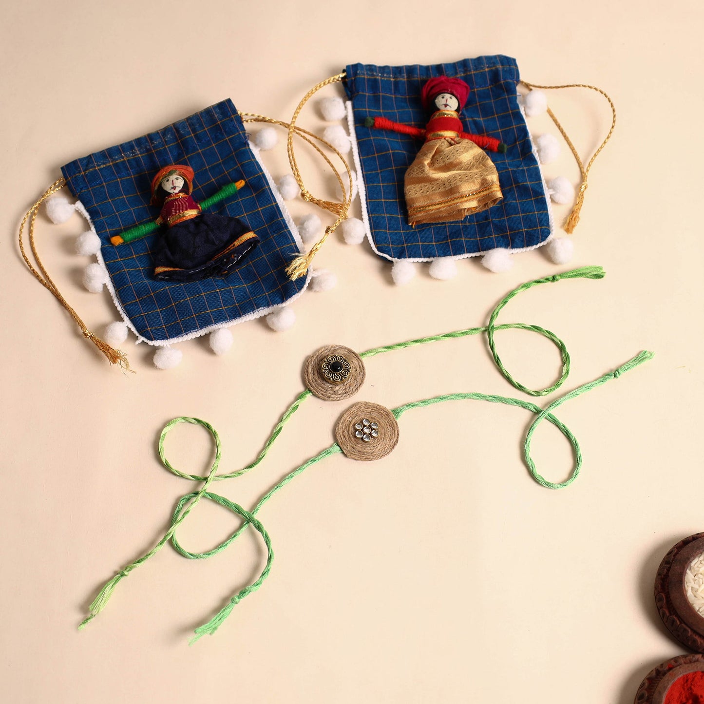Handmade GS & Stone Work Jute Rakhi (Set of 2)
