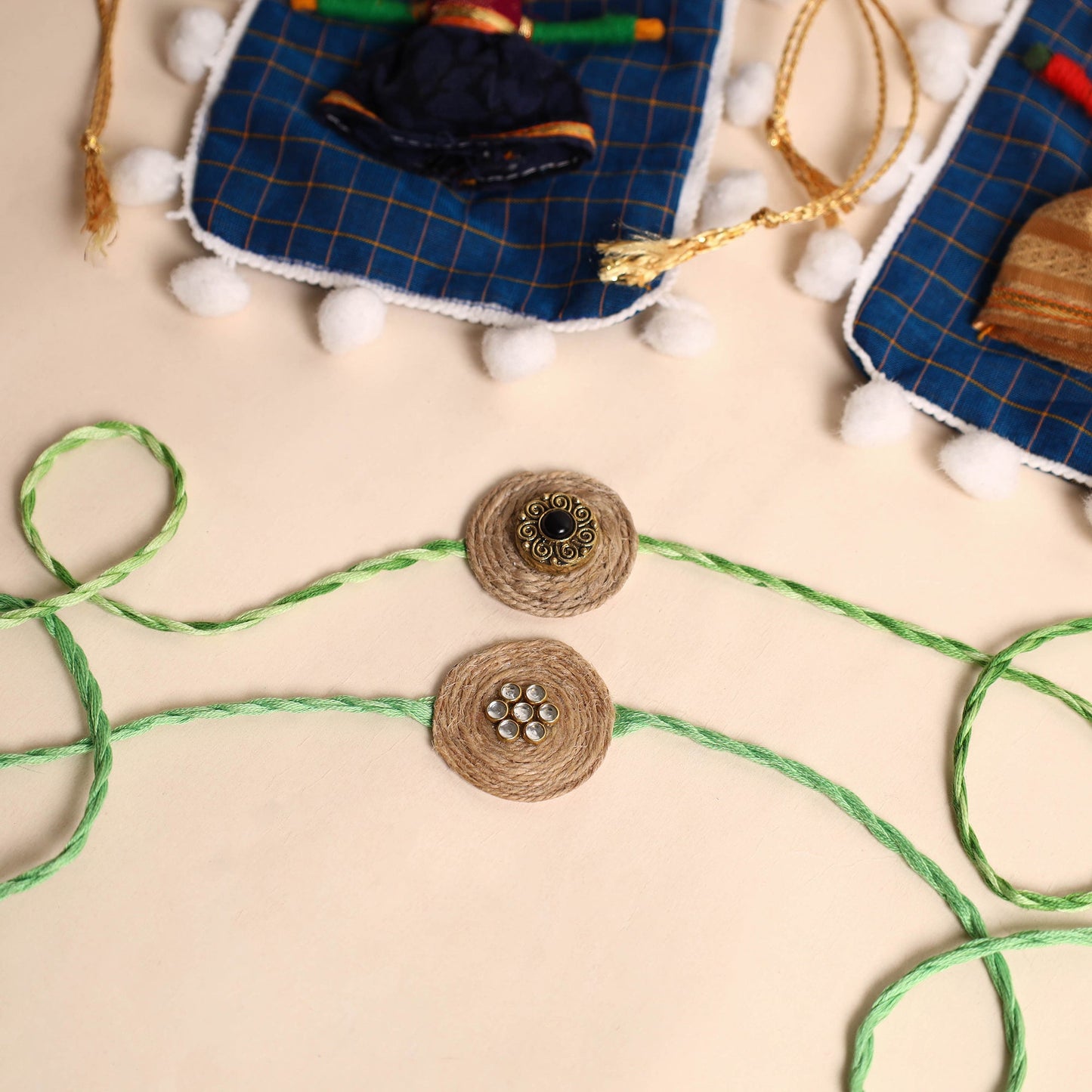 Handmade GS & Stone Work Jute Rakhi (Set of 2)