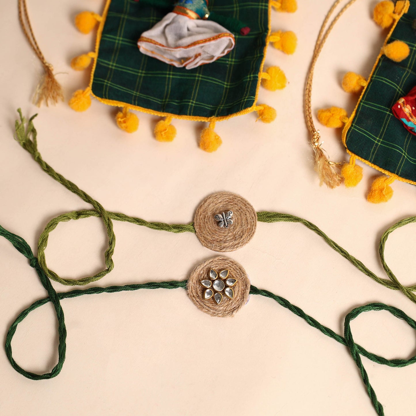 Handmade GS & Stone Work Jute Rakhi (Set of 2)