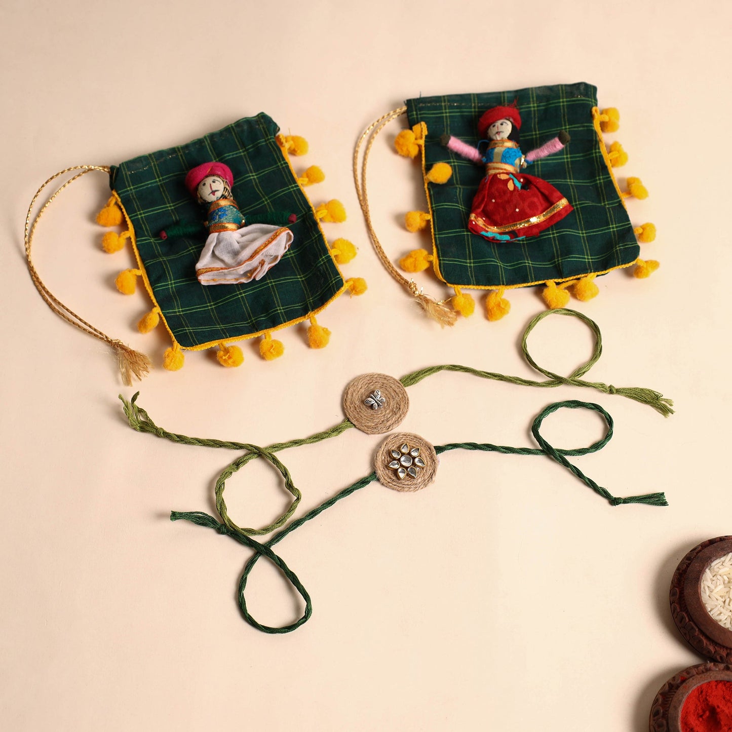 Handmade GS & Stone Work Jute Rakhi (Set of 2)
