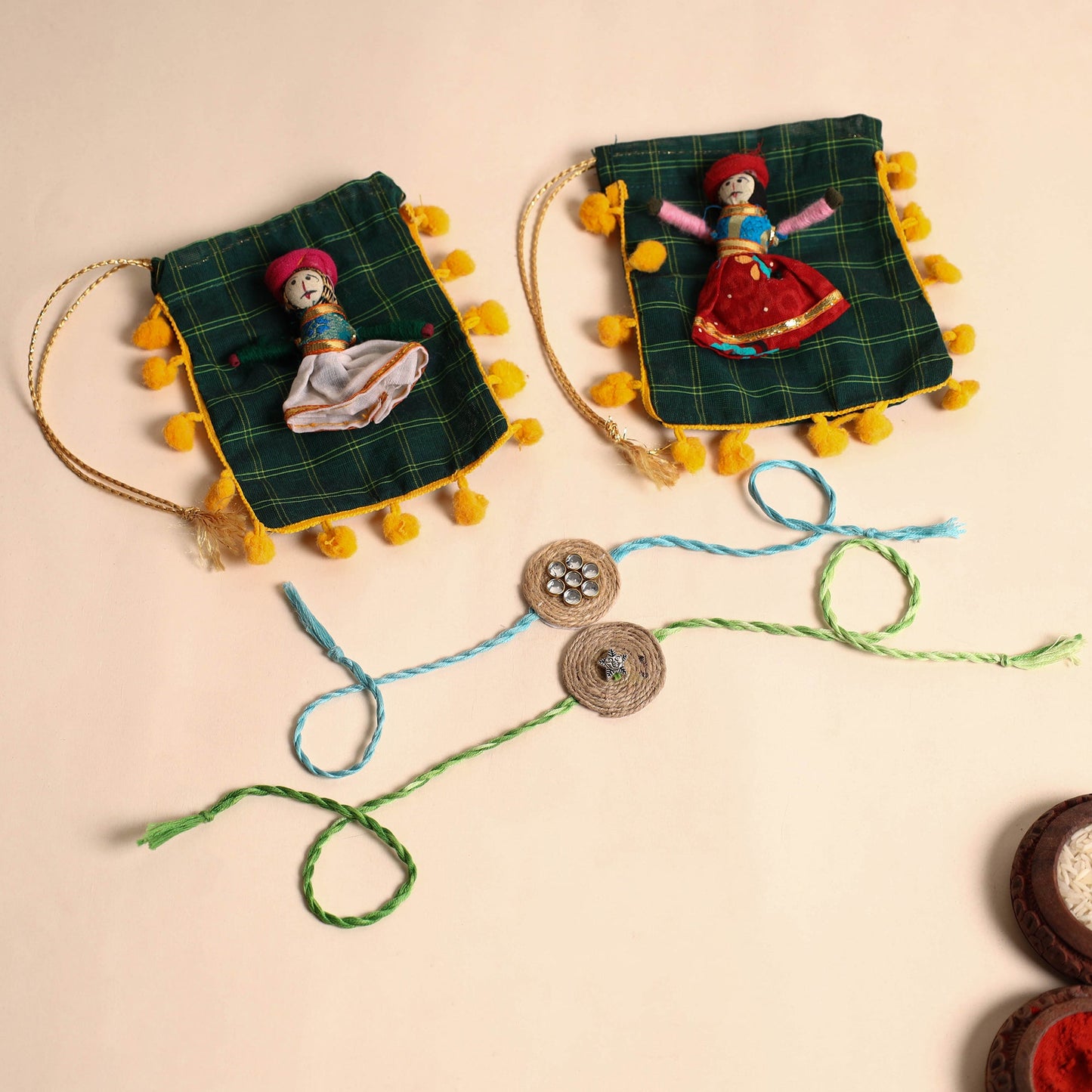 Handmade GS & Stone Work Jute Rakhi (Set of 2)