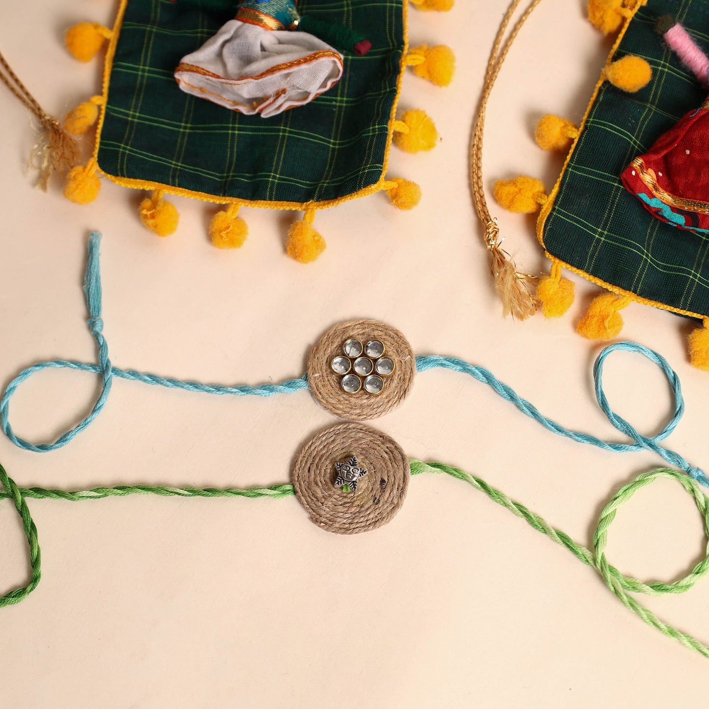 Handmade GS & Stone Work Jute Rakhi (Set of 2)