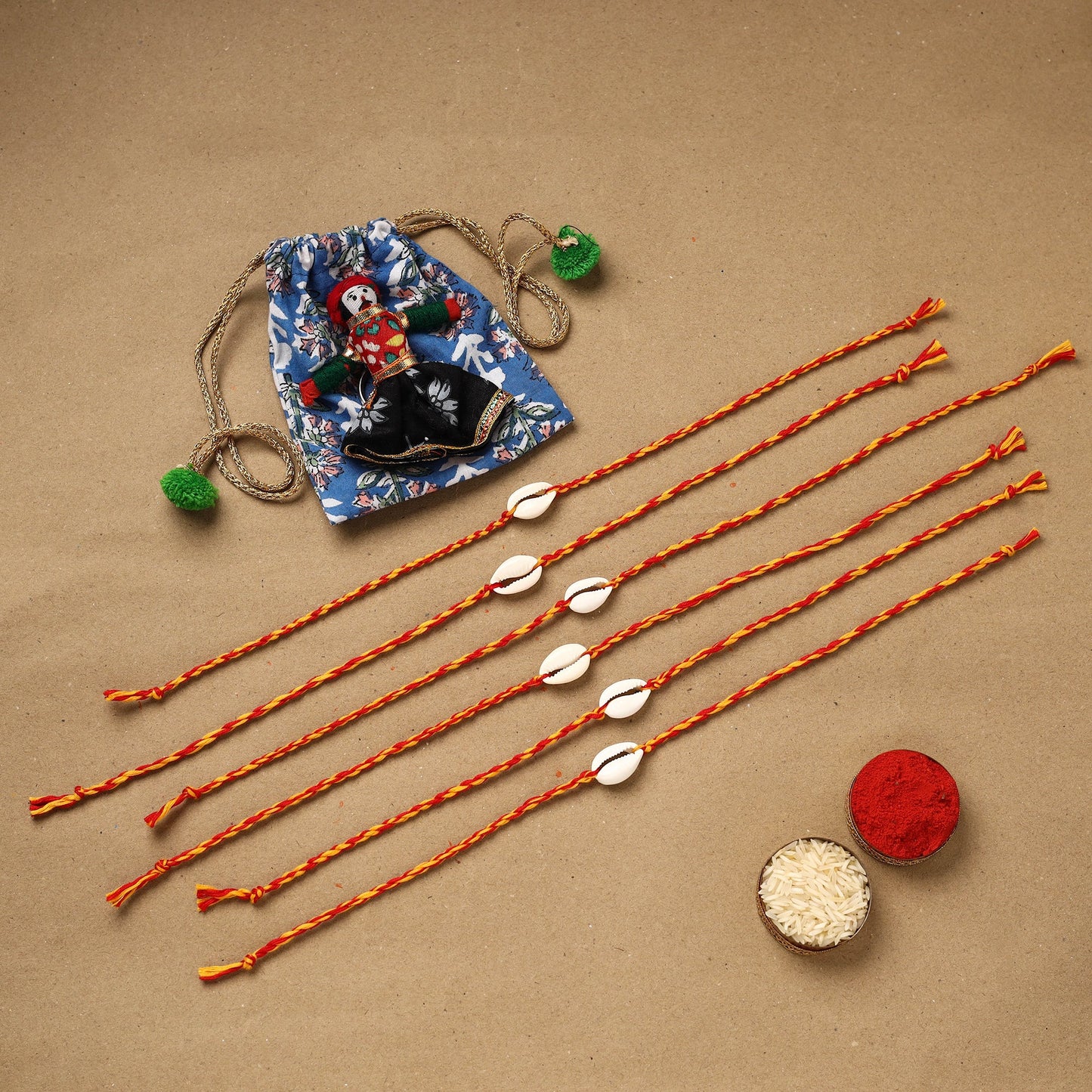 Handmade jute fabart shell work rakhi (set of 6) 156
