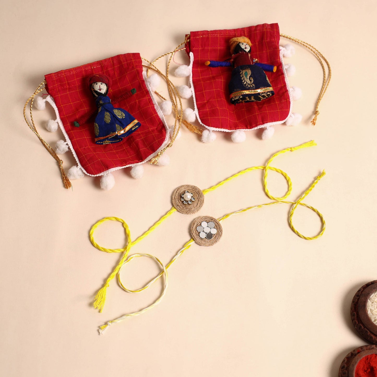 Handmade Mirror & Stone Work Jute Rakhi (Set of 2)