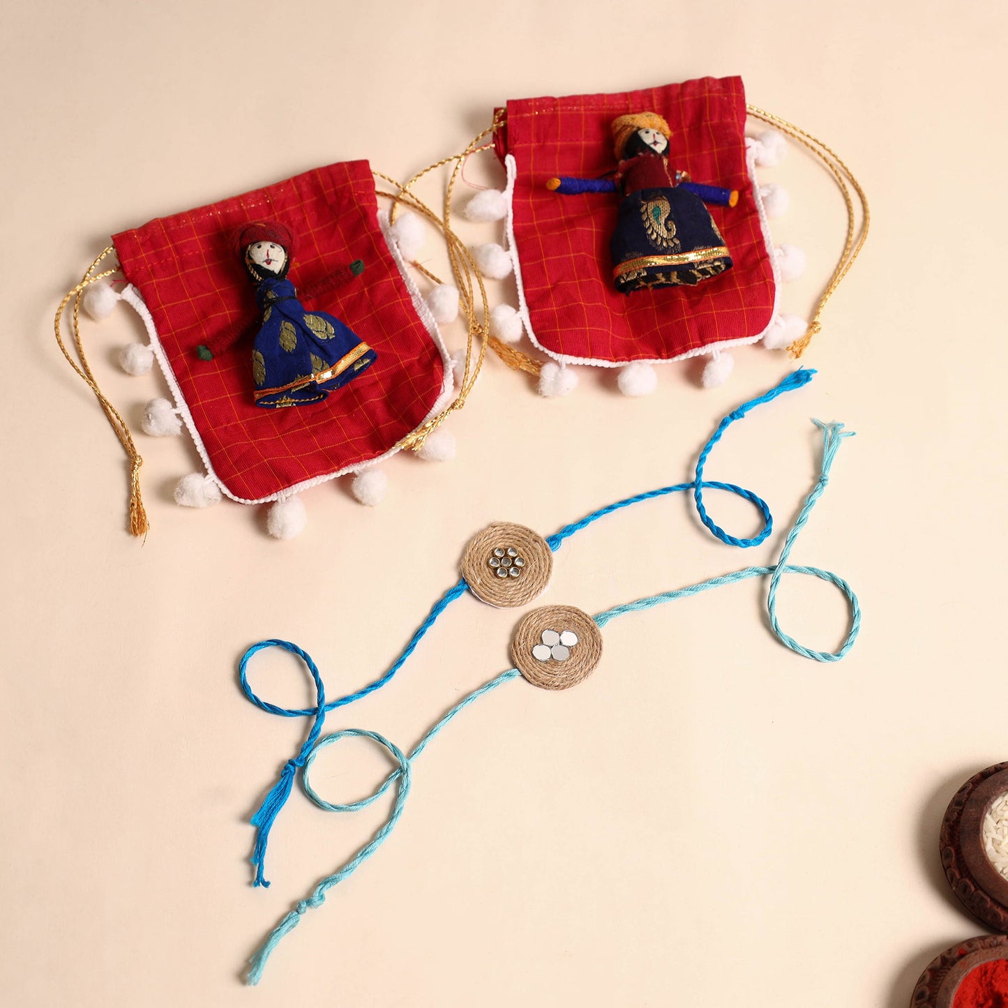 Handmade Mirror & Stone Work Jute Rakhi (Set of 2)