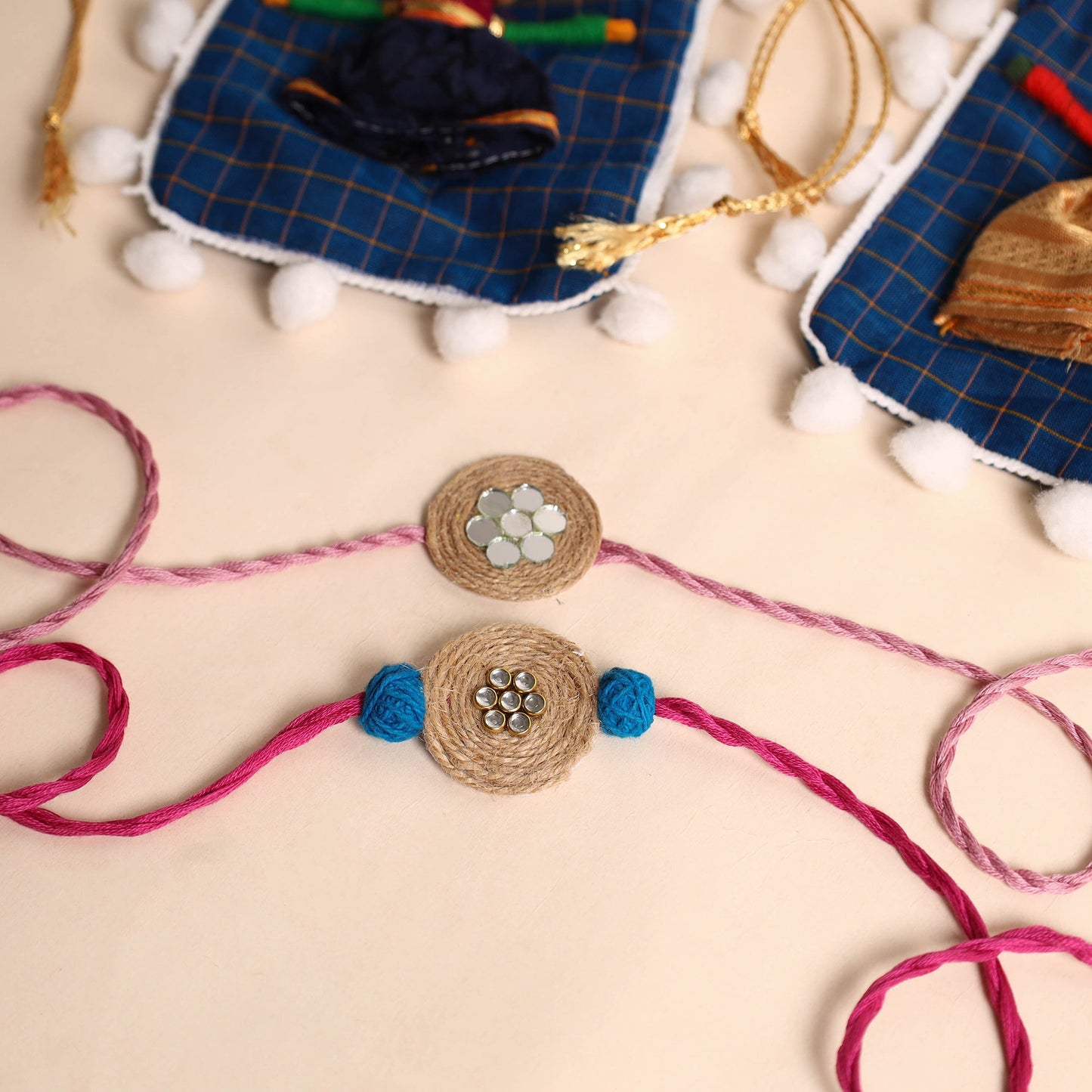 Handmade Mirror & Stone Work Jute Rakhi (Set of 2)