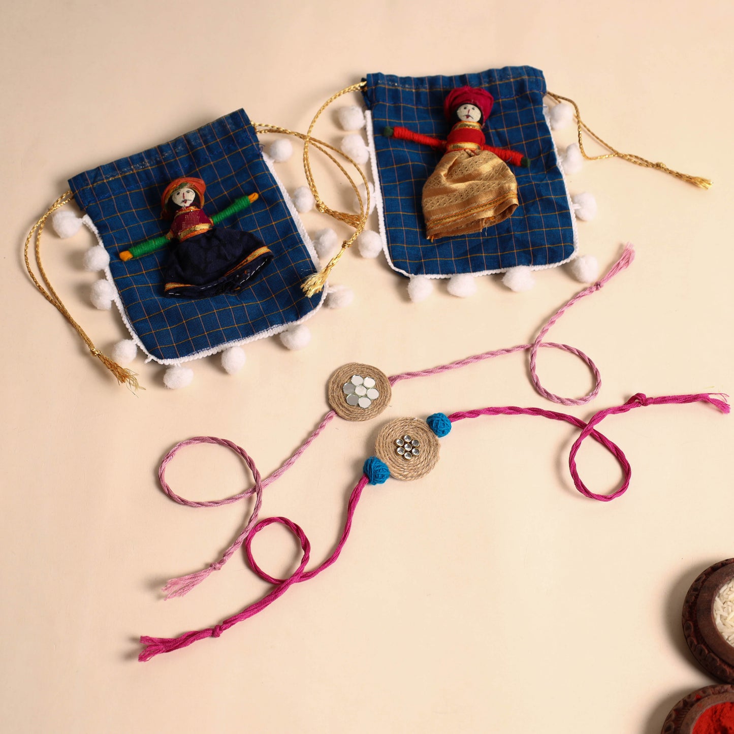 Handmade Mirror & Stone Work Jute Rakhi (Set of 2)