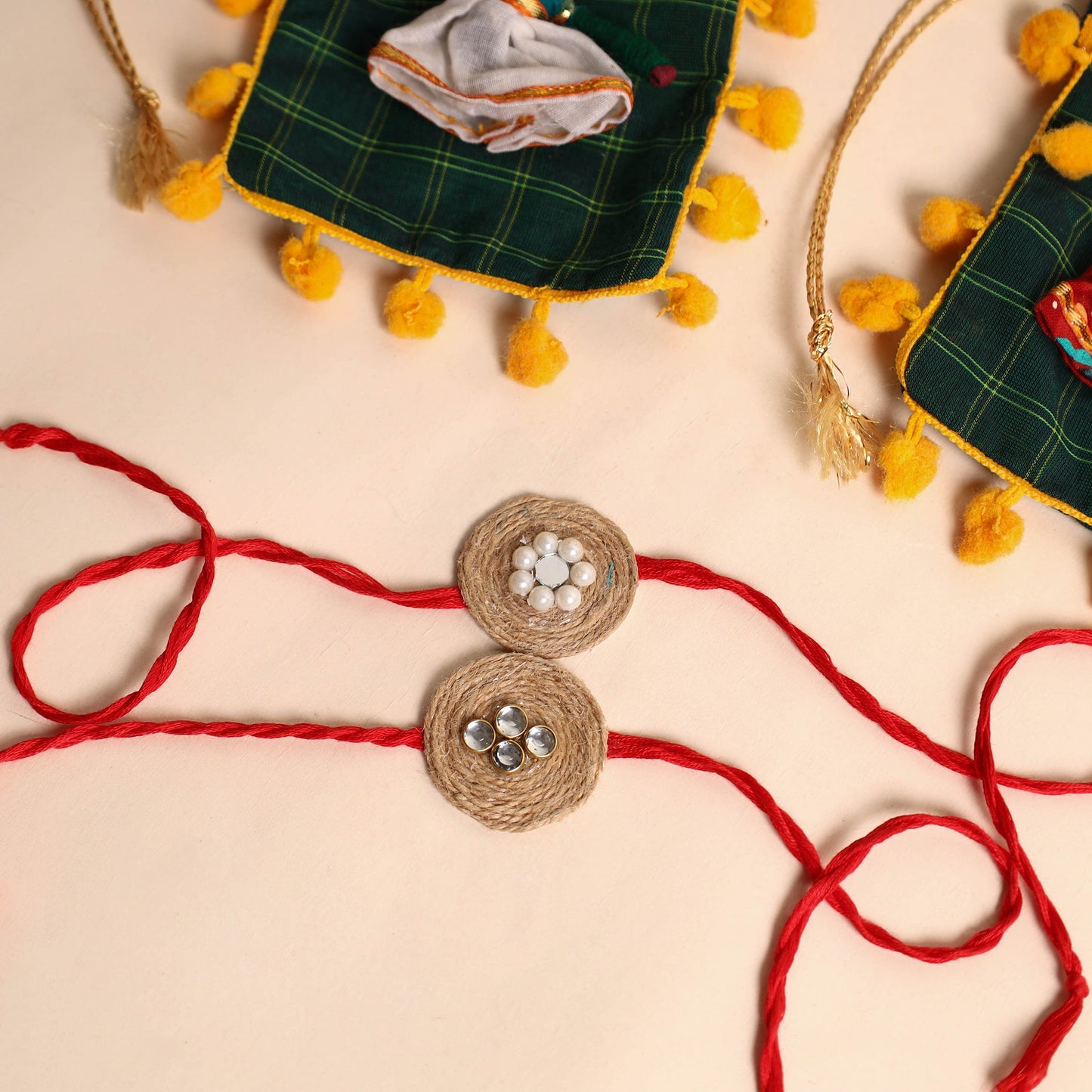 Handmade Mirror & Stone Work Jute Rakhi (Set of 2)